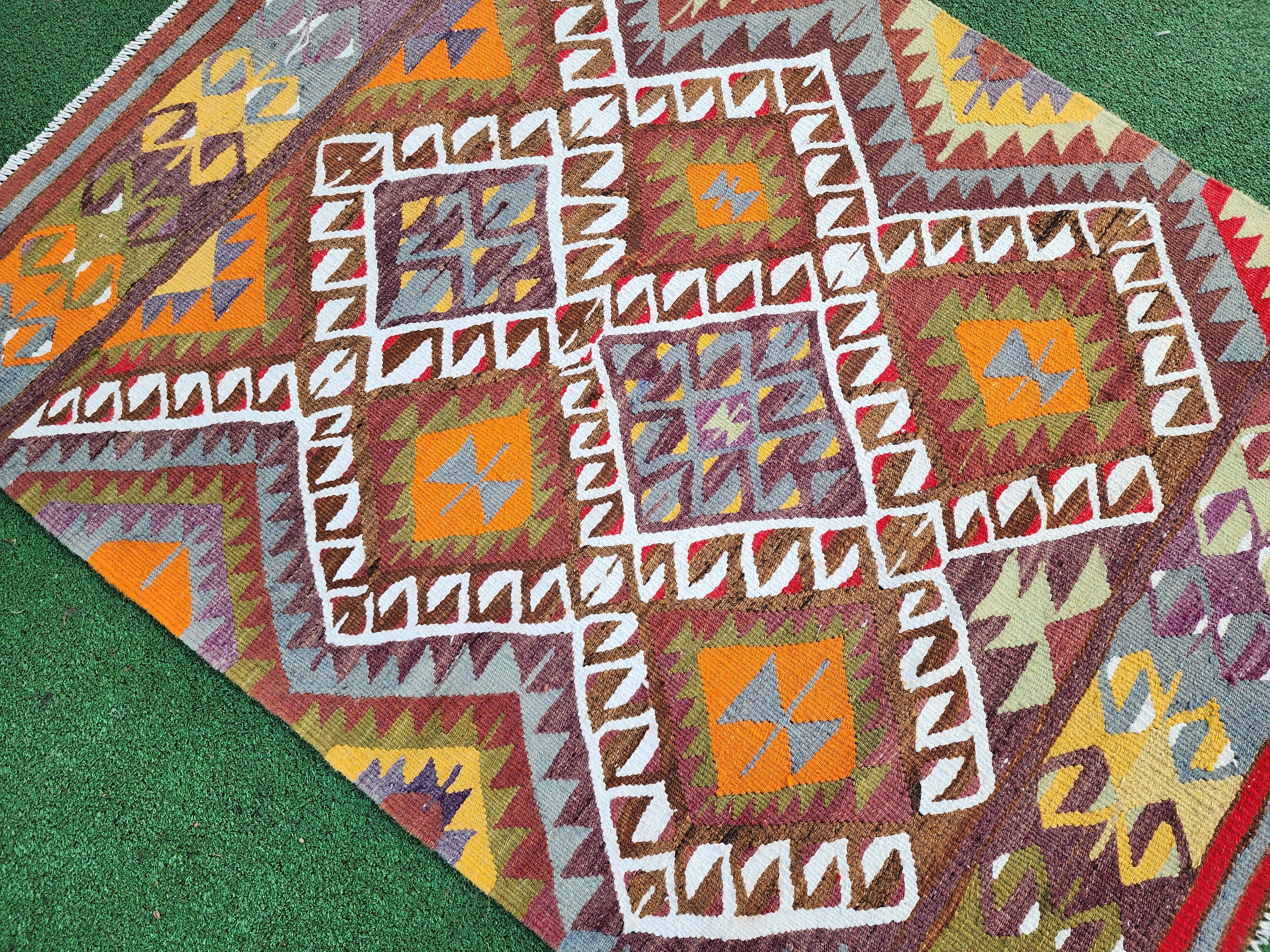 Antalya Turkish Kilim Rug 4 ft 3 in x 3 ft 1 in Orange, Brown Beige and Green Handmade Flatweave Kilim Rug