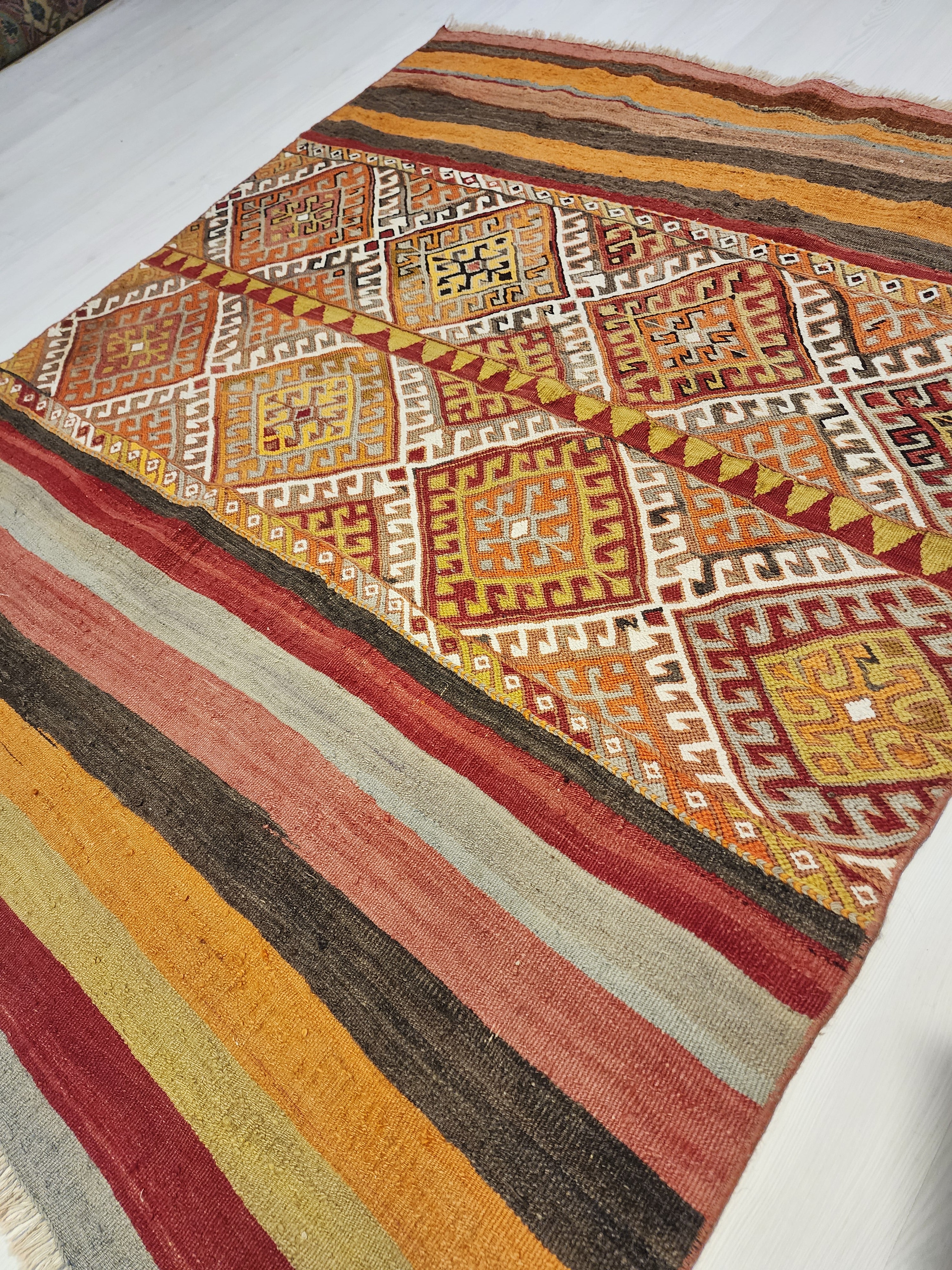 Vintage Turkish Kilim Rug, Southwestern Aztec Wool, 5x6 ft