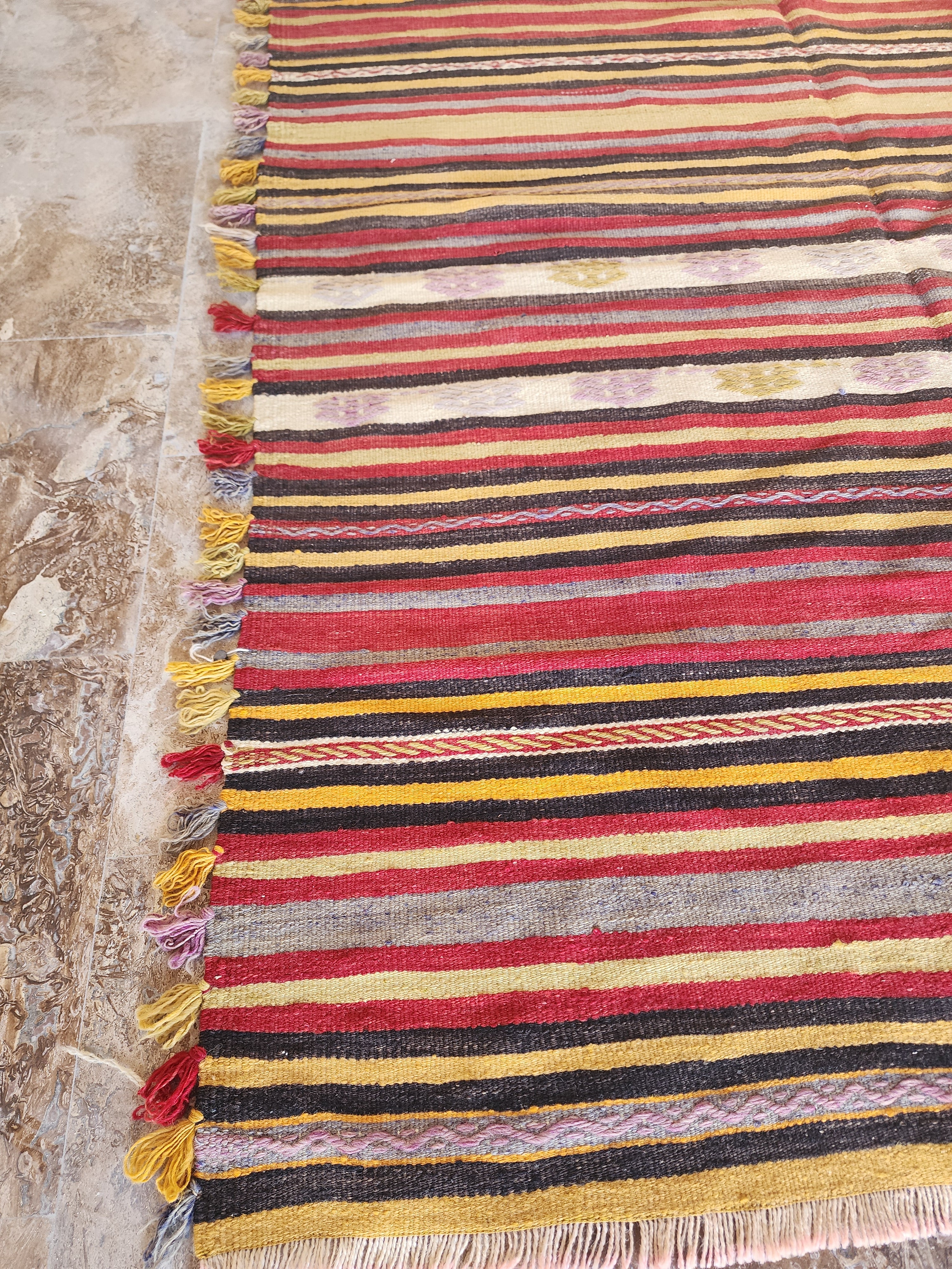 Kilim Rug, 6 ft 7 in x 4 ft 9 in Brown Red Yellow and White Striped Rug