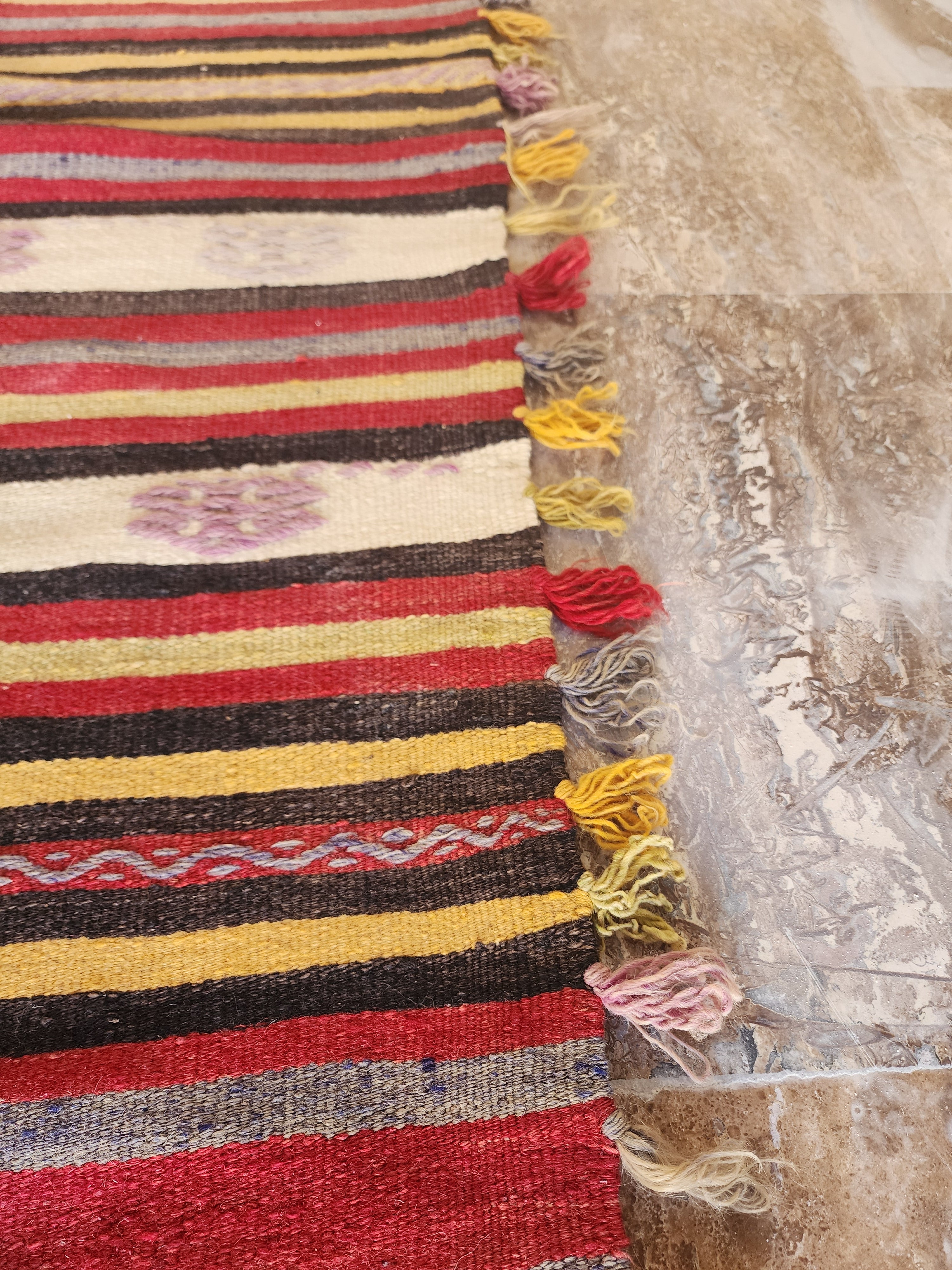 Kilim Rug, 6 ft 7 in x 4 ft 9 in Brown Red Yellow and White Striped Rug
