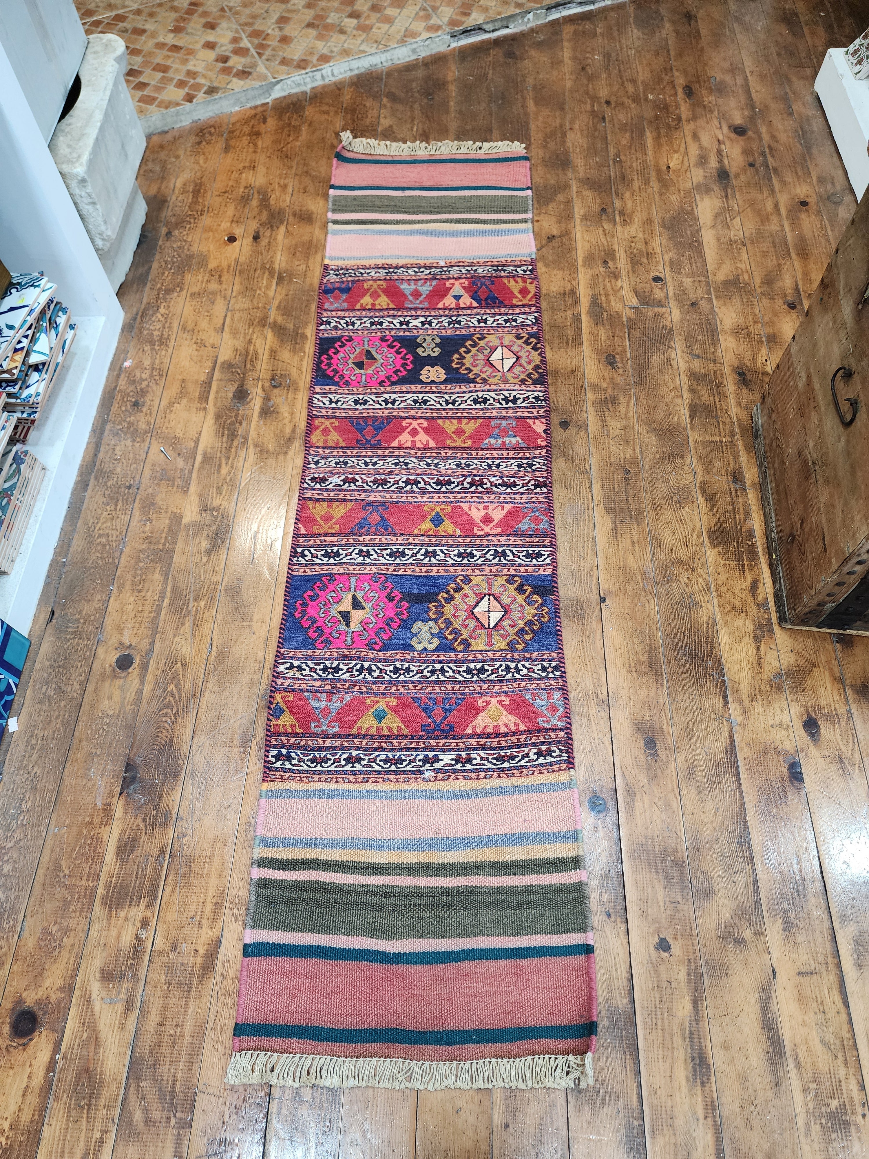 vintage Soumak Wool Runner Rug — styled view