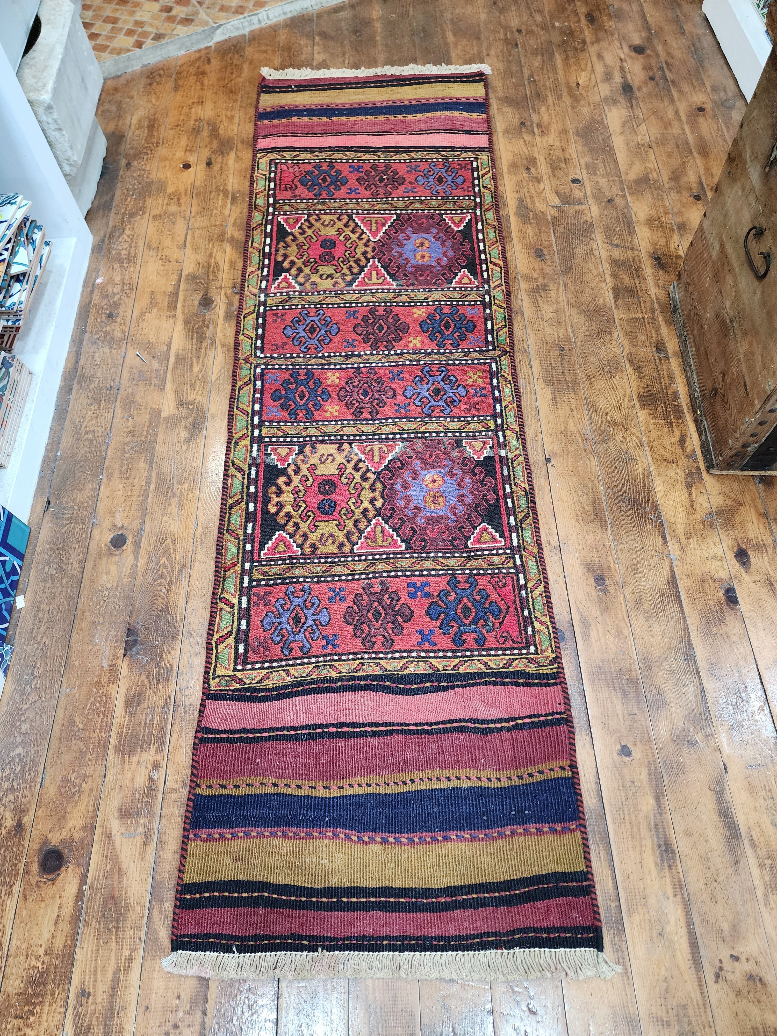 vintage Soumak Wool Runner Rug — styled view