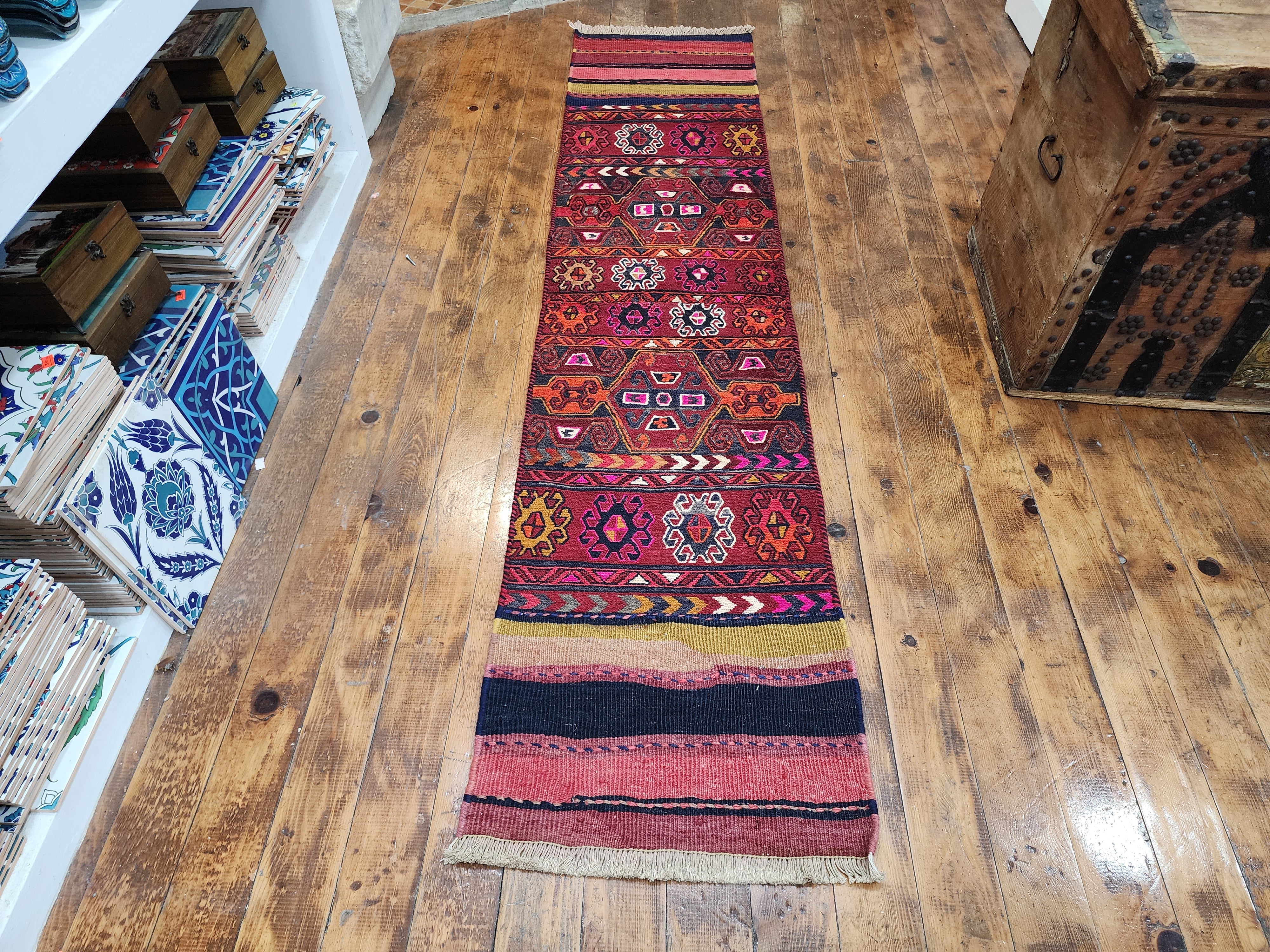 Vintage Kilim Runner Rug, 6x2 ft, Handmade Wool Embroidered Turkish Rug