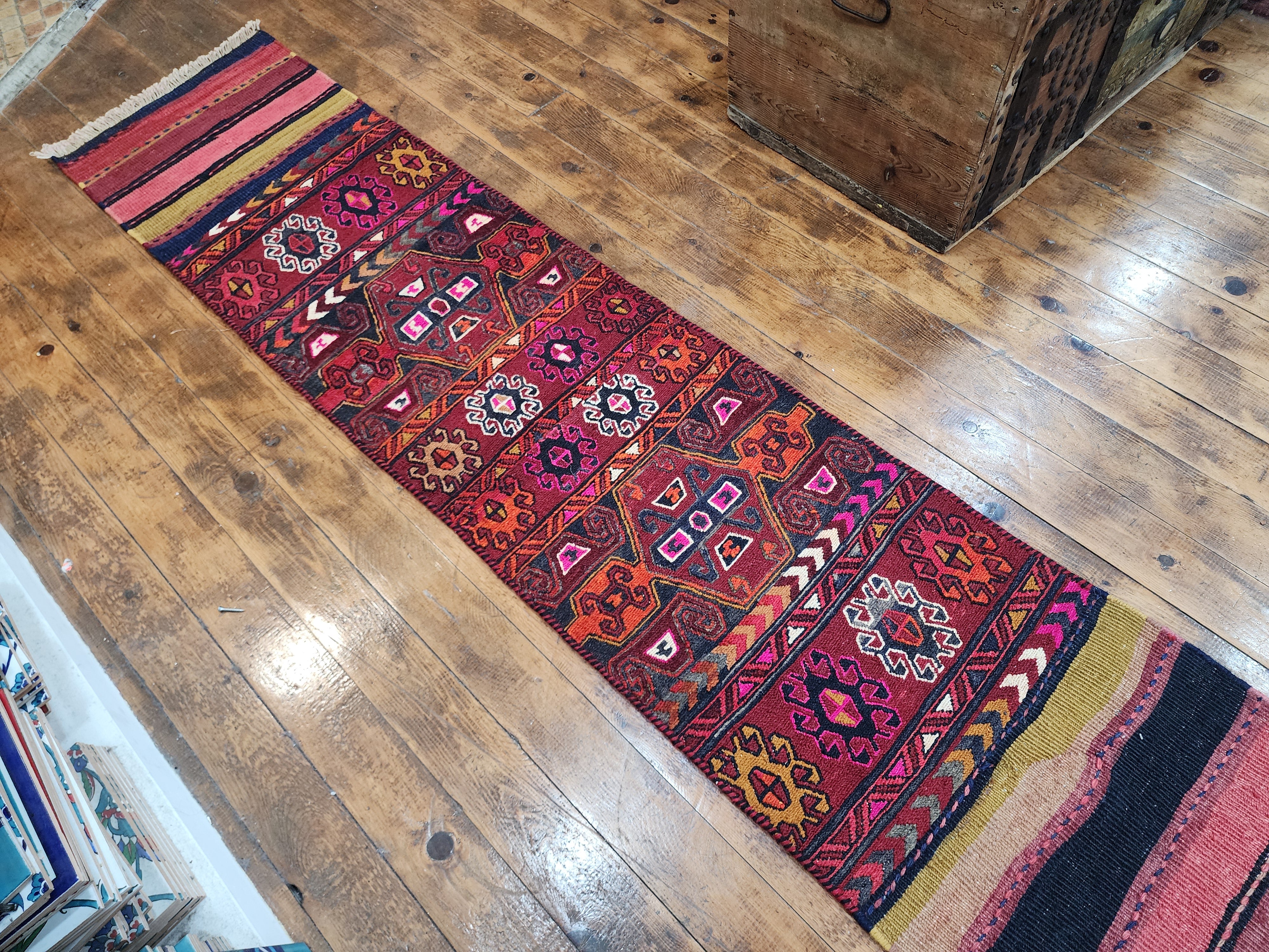 Vintage Kilim Runner Rug, 6x2 ft, Handmade Wool Embroidered Turkish Rug