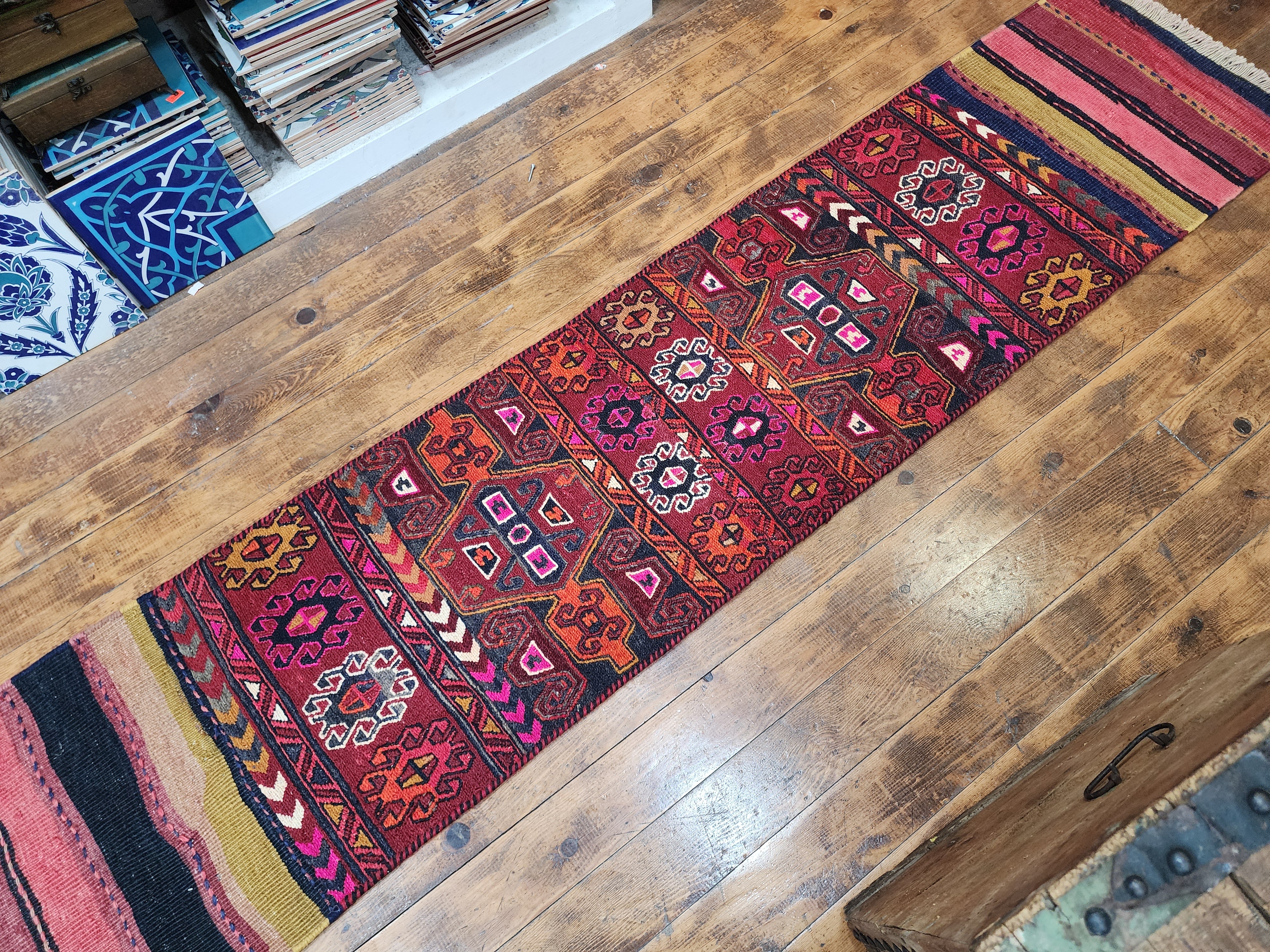 Vintage Kilim Runner Rug, 6x2 ft, Handmade Wool Embroidered Turkish Rug