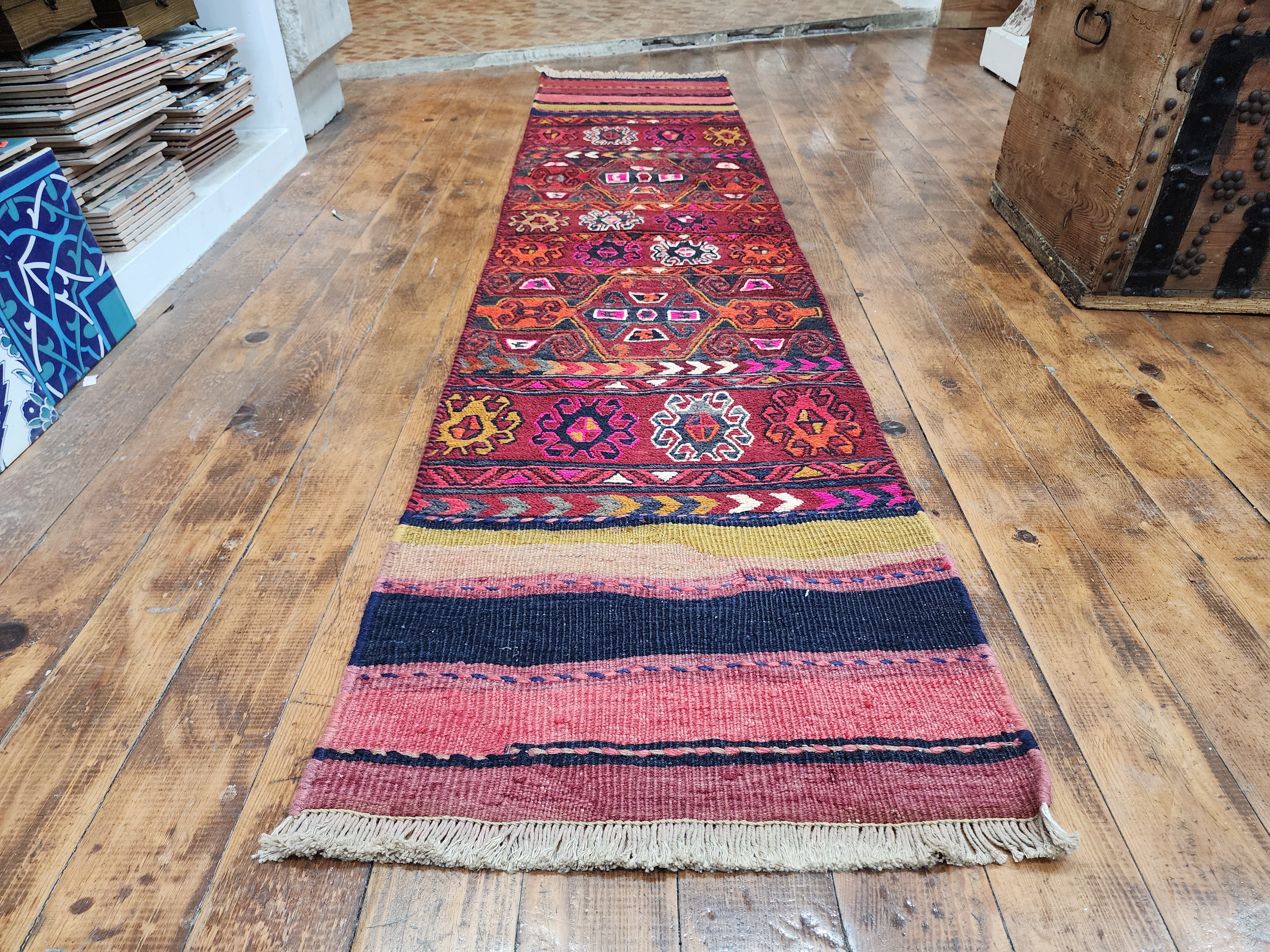 Vintage Kilim Runner Rug, 6x2 ft, Handmade Wool Embroidered Turkish Rug