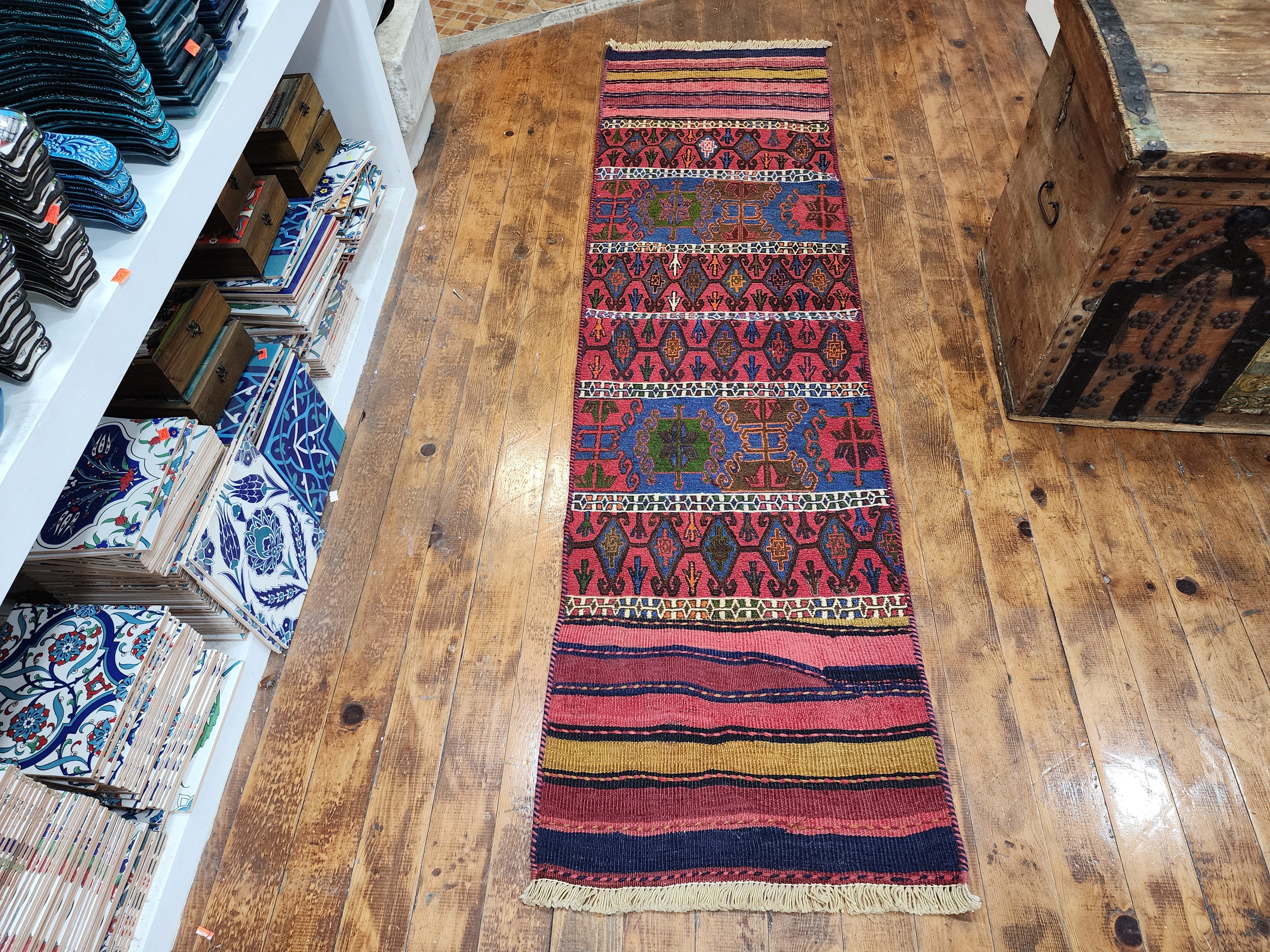 Vintage Kilim Runner Rug, 6x2 ft, Handmade Wool Embroidered Turkish Rug