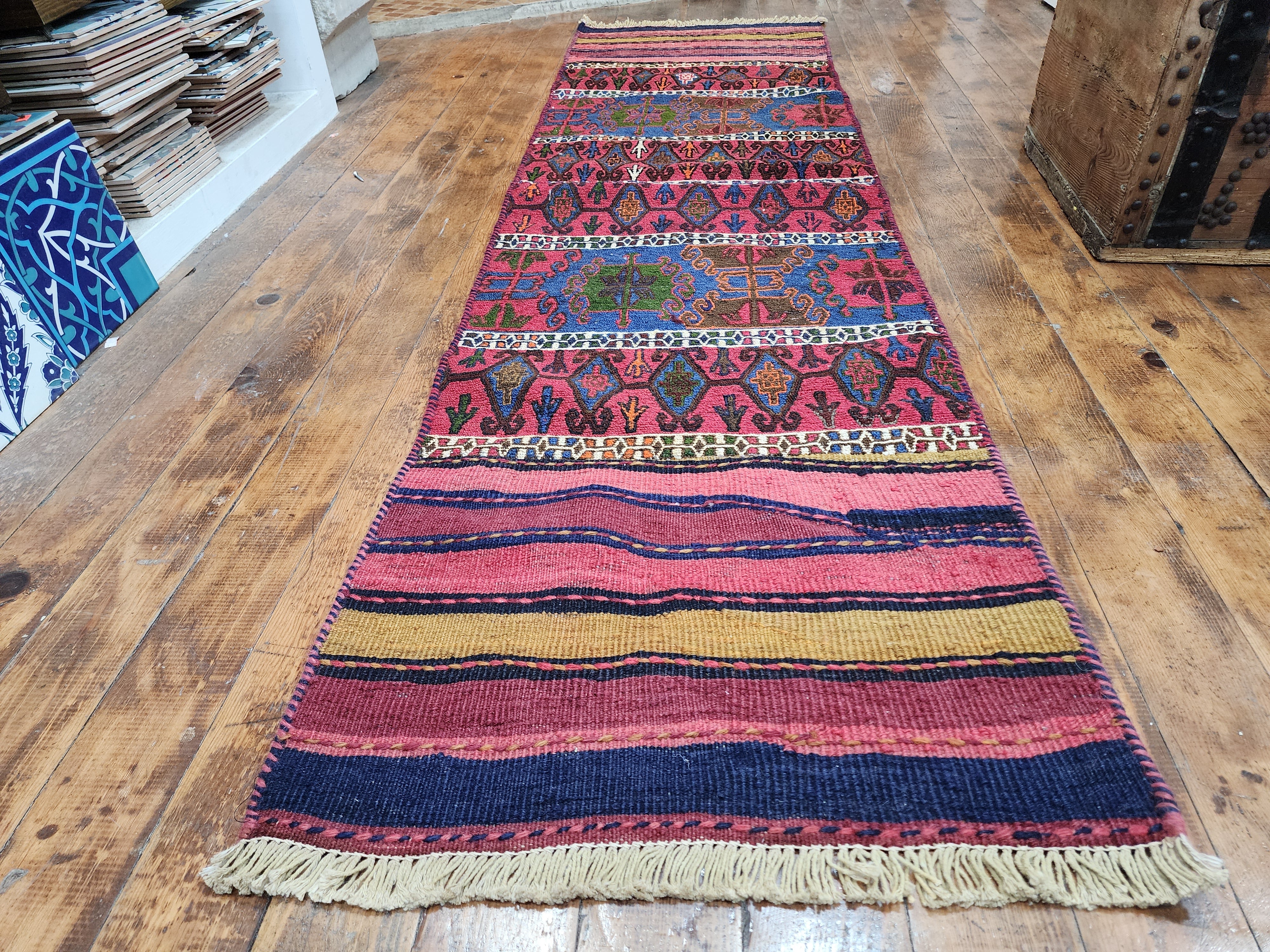 Vintage Kilim Runner Rug, 6x2 ft, Handmade Wool Embroidered Turkish Rug