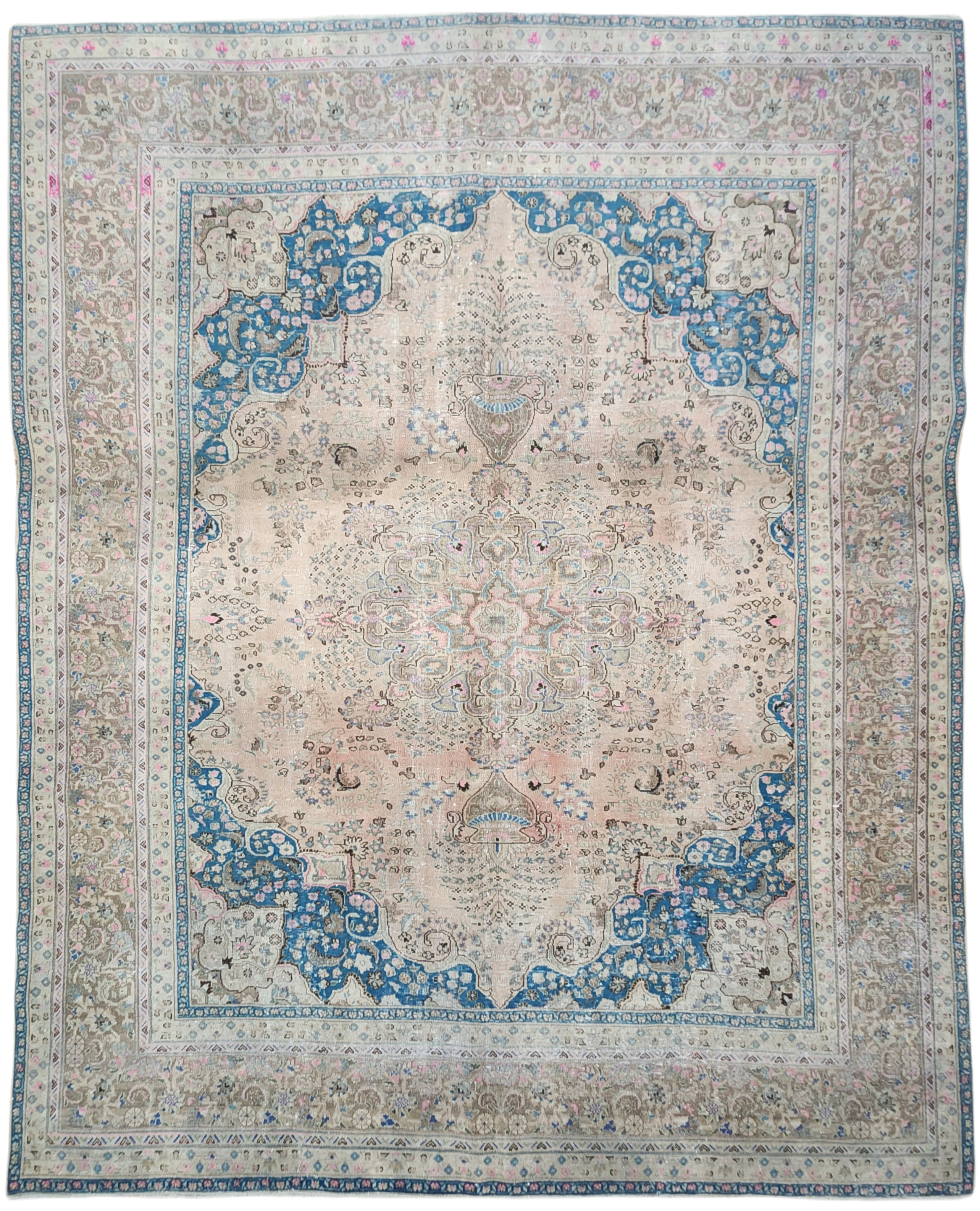 Large Persian Rug, Beige Blue and Black Softly Coloured Natural Wool Pale Rug 12'2'' x 9'2''