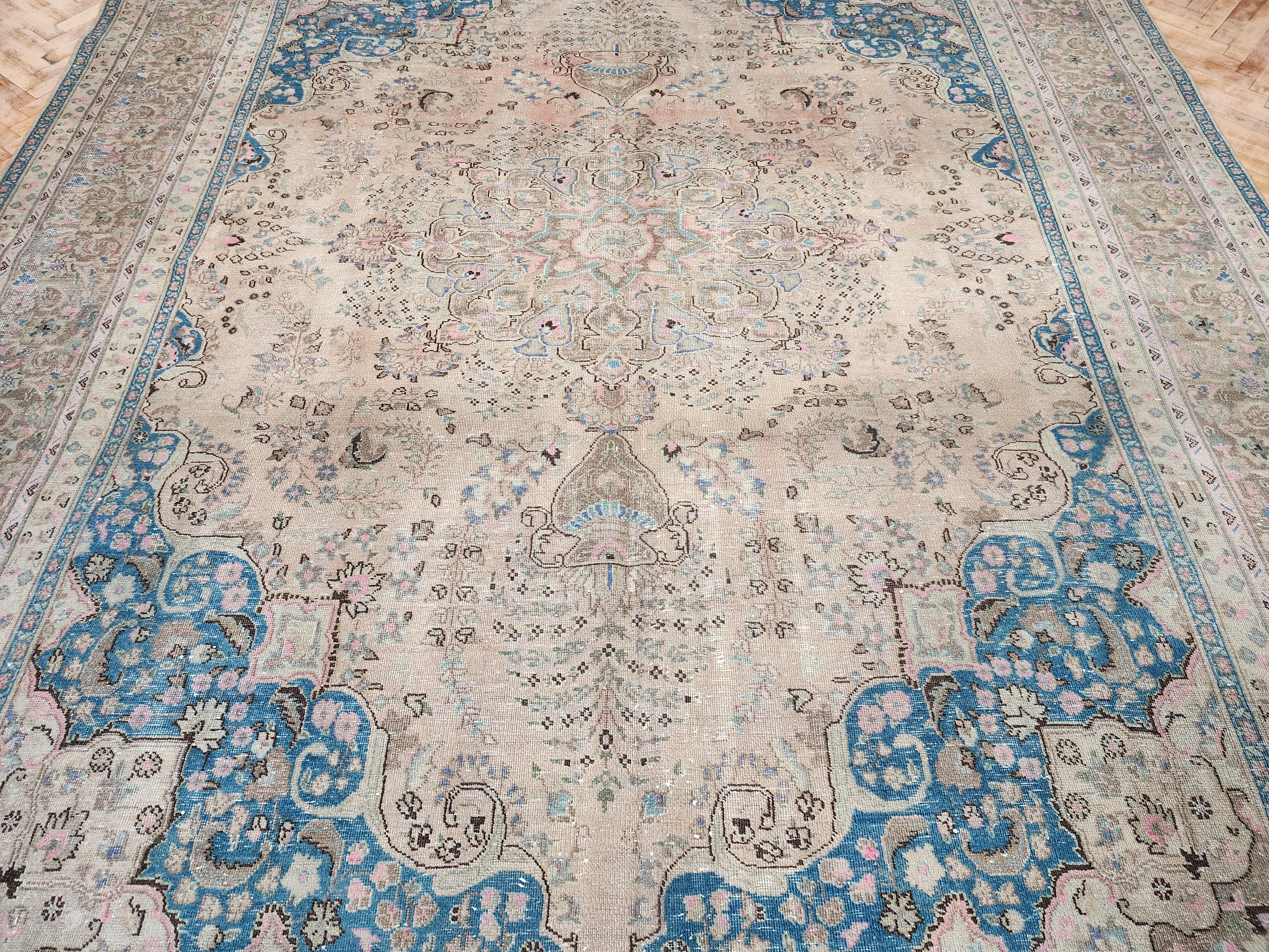 Large Persian Rug, Beige Blue and Black Softly Coloured Natural Wool Pale Rug 12'2'' x 9'2''