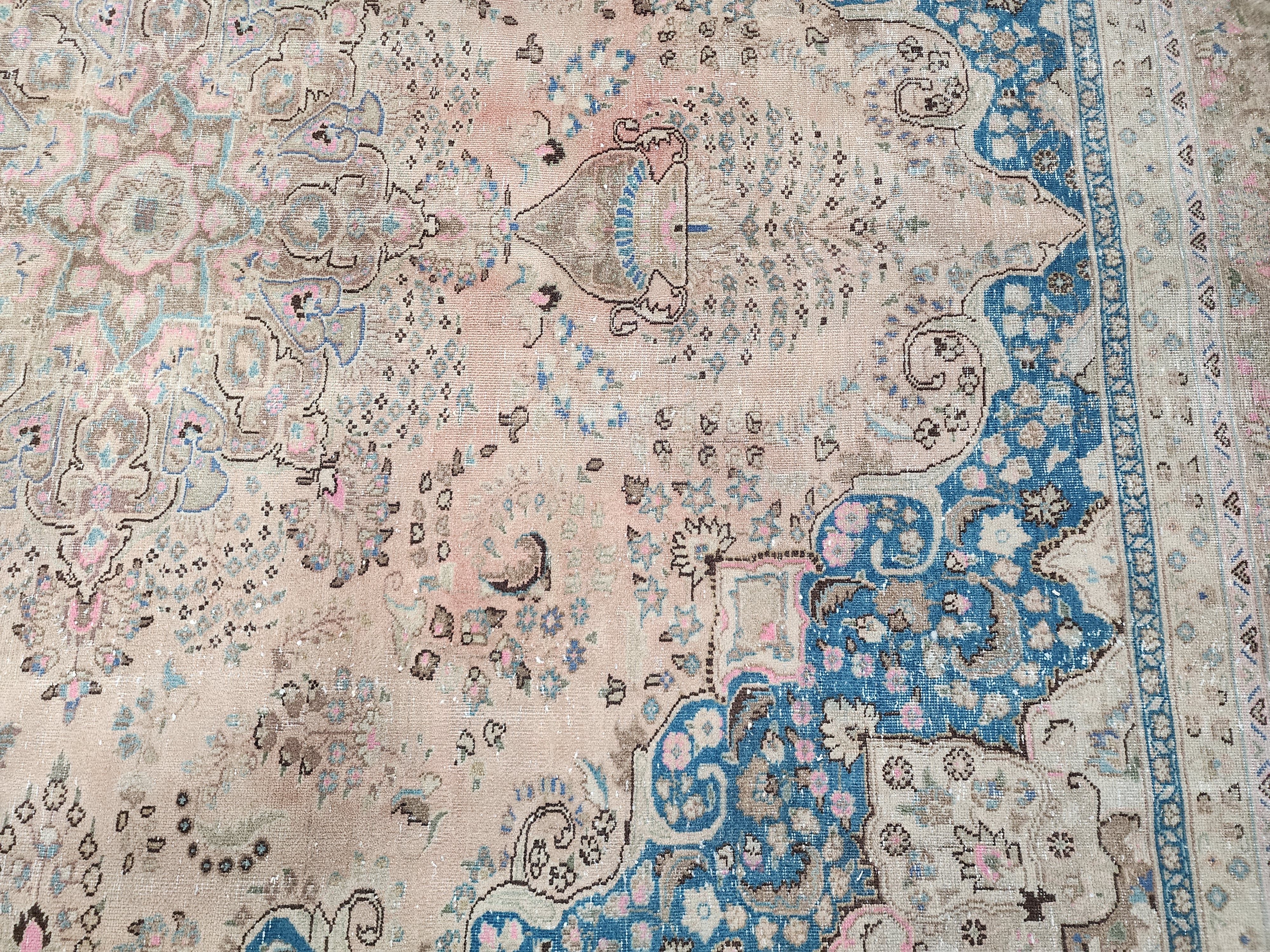 Large Persian Rug, Beige Blue and Black Softly Coloured Natural Wool Pale Rug 12'2'' x 9'2''