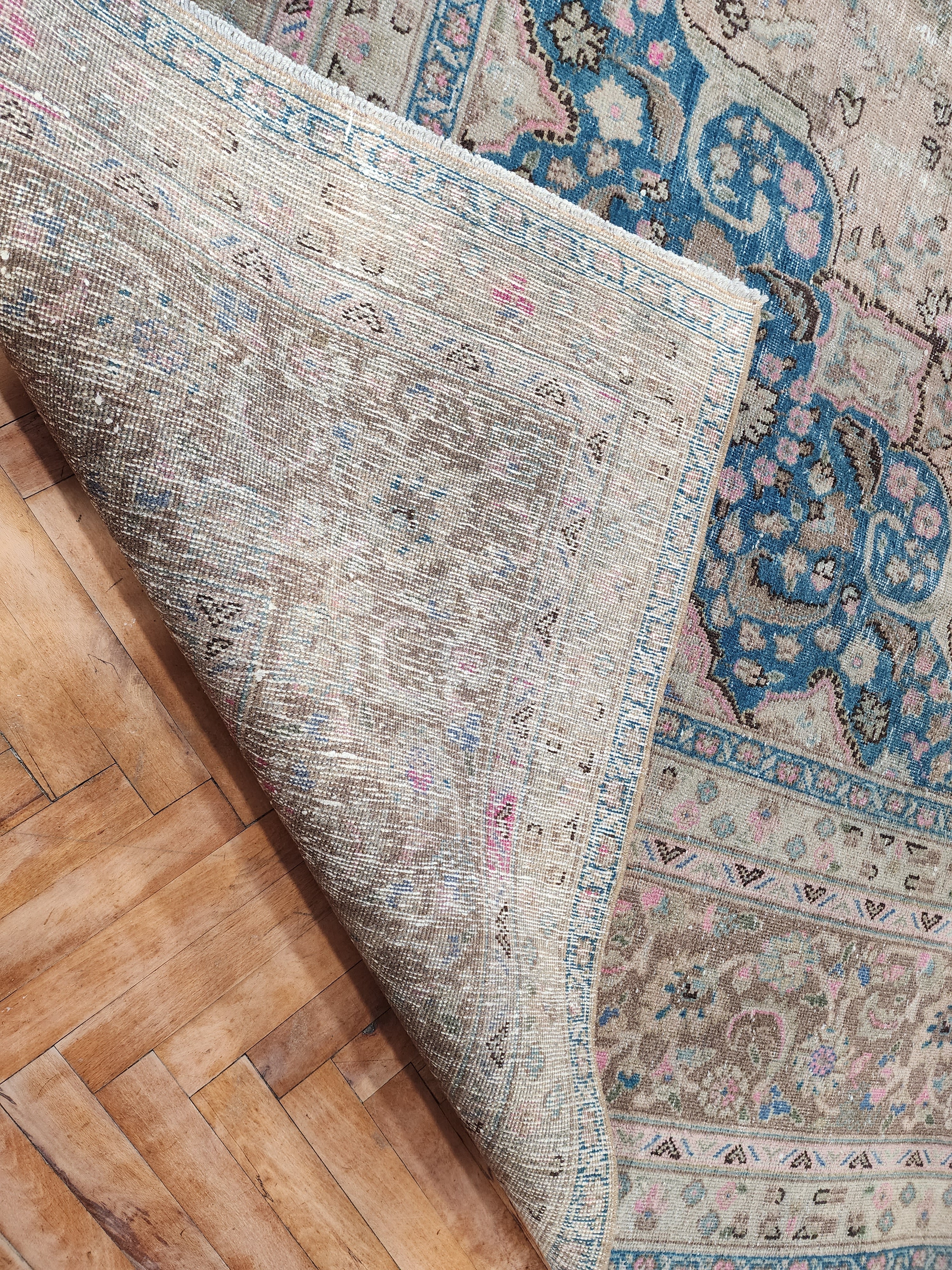 Large Persian Rug, Beige Blue and Black Softly Coloured Natural Wool Pale Rug 12'2'' x 9'2''