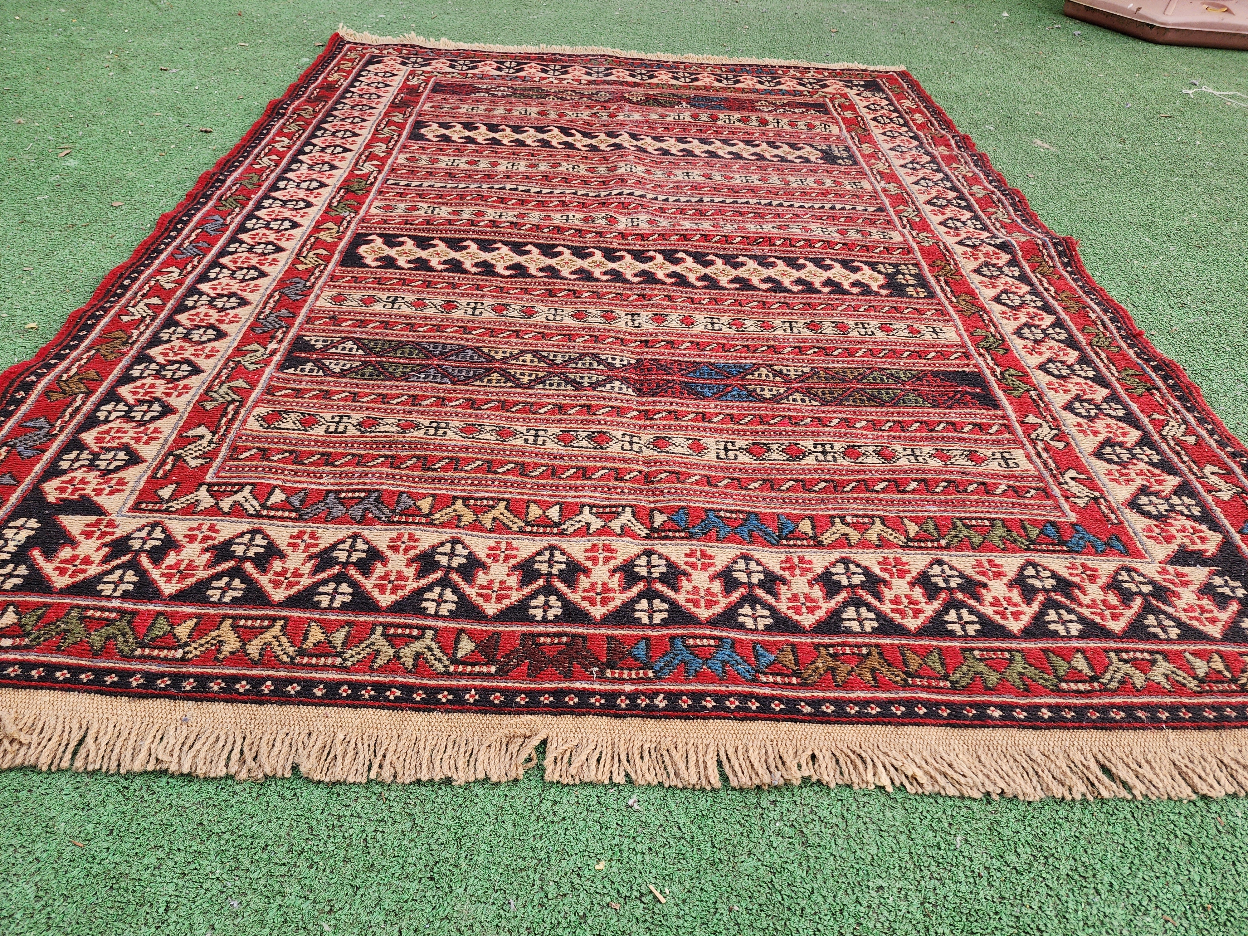 Traditional Rahra Rug with Horizontal Bands, 4 ft 9 in x 3 ft 6 in