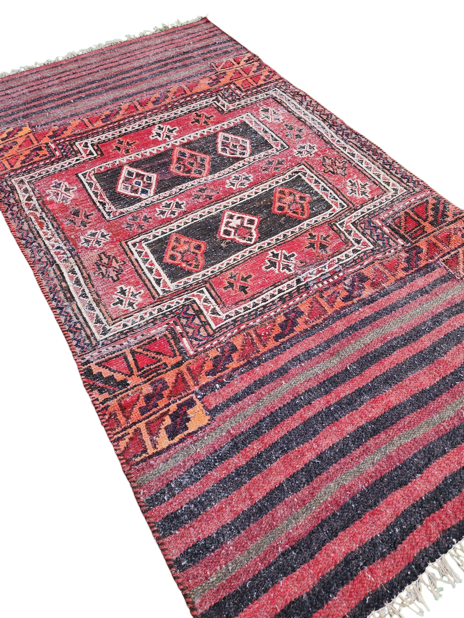 Handwoven Nomadic Rug with Horizontal Stripes and Geometric Medallions, 5'5'' x 2'3"