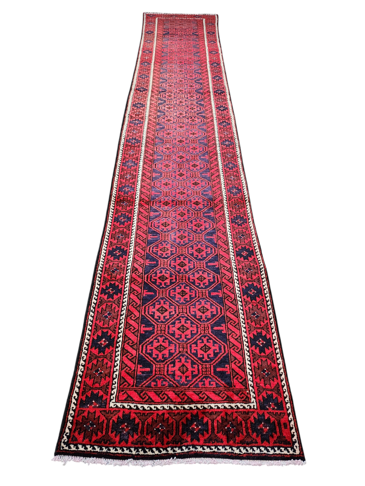Persian Hallway Long Rug 14 x 3 ft Red and Blue Vintage Turkish Natural Wool Recycled Runner Rug, Boho Rustic Decor Antique Oriental Rug