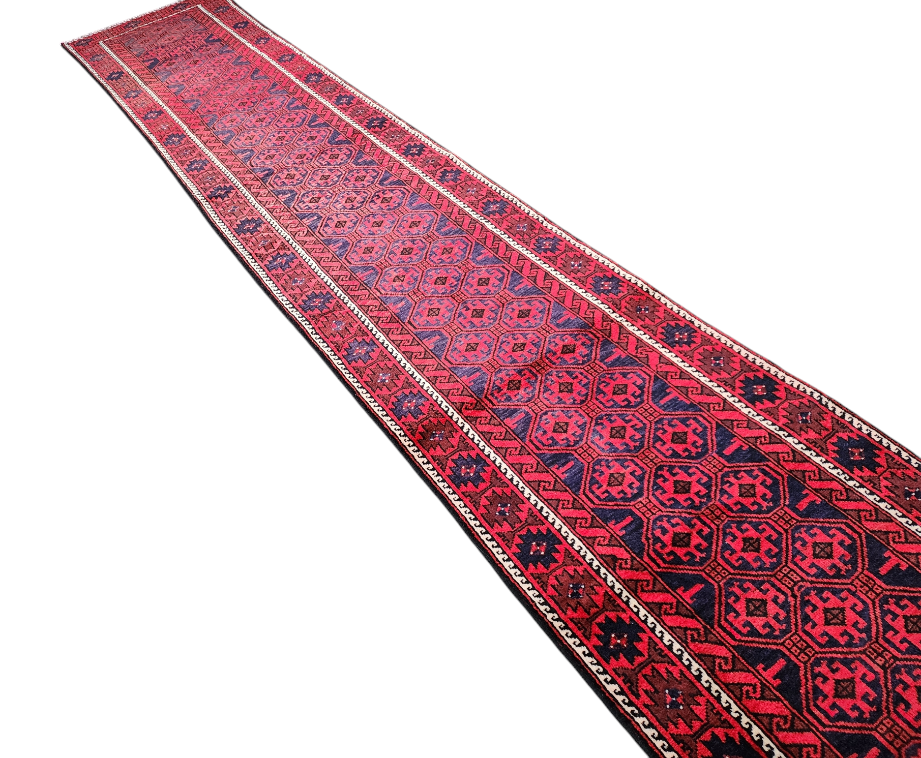 Persian Hallway Long Rug 14 x 3 ft Red and Blue Vintage Turkish Natural Wool Recycled Runner Rug, Boho Rustic Decor Antique Oriental Rug