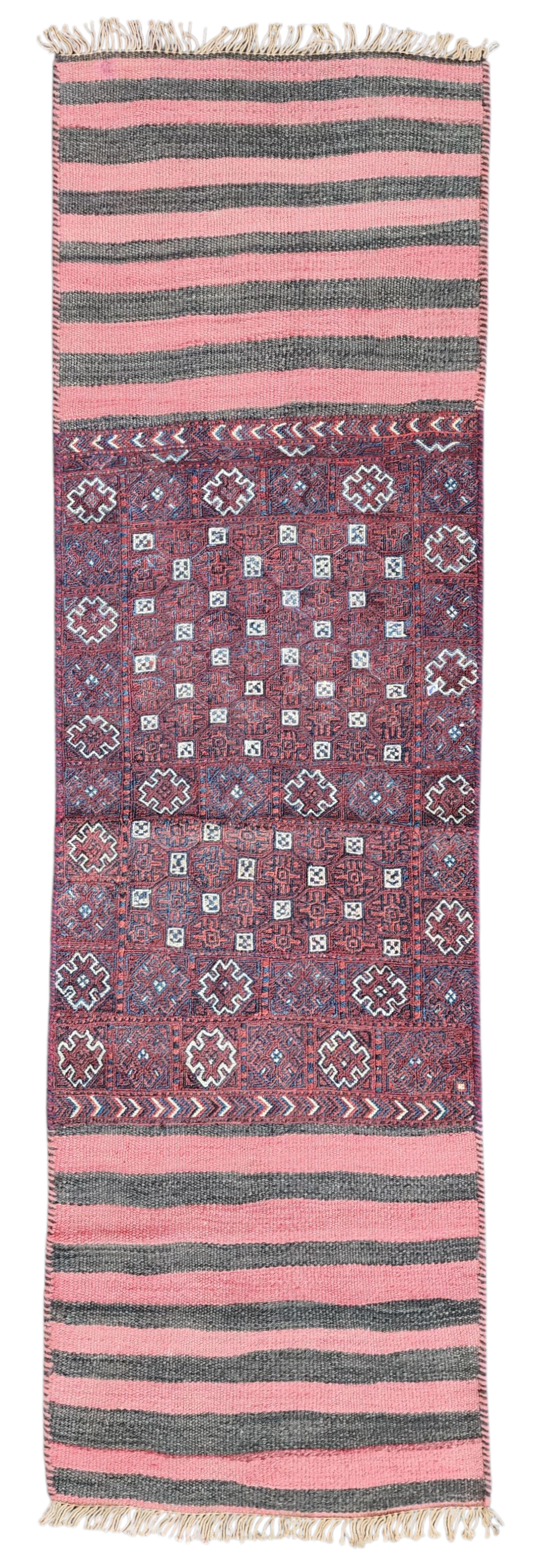 Vintage Persian Kilim Runner Rug, 6 ft 2 in x  2 ft, Red, Pink and Blue Vintage Turkish Rug Handmade from Natural Wool