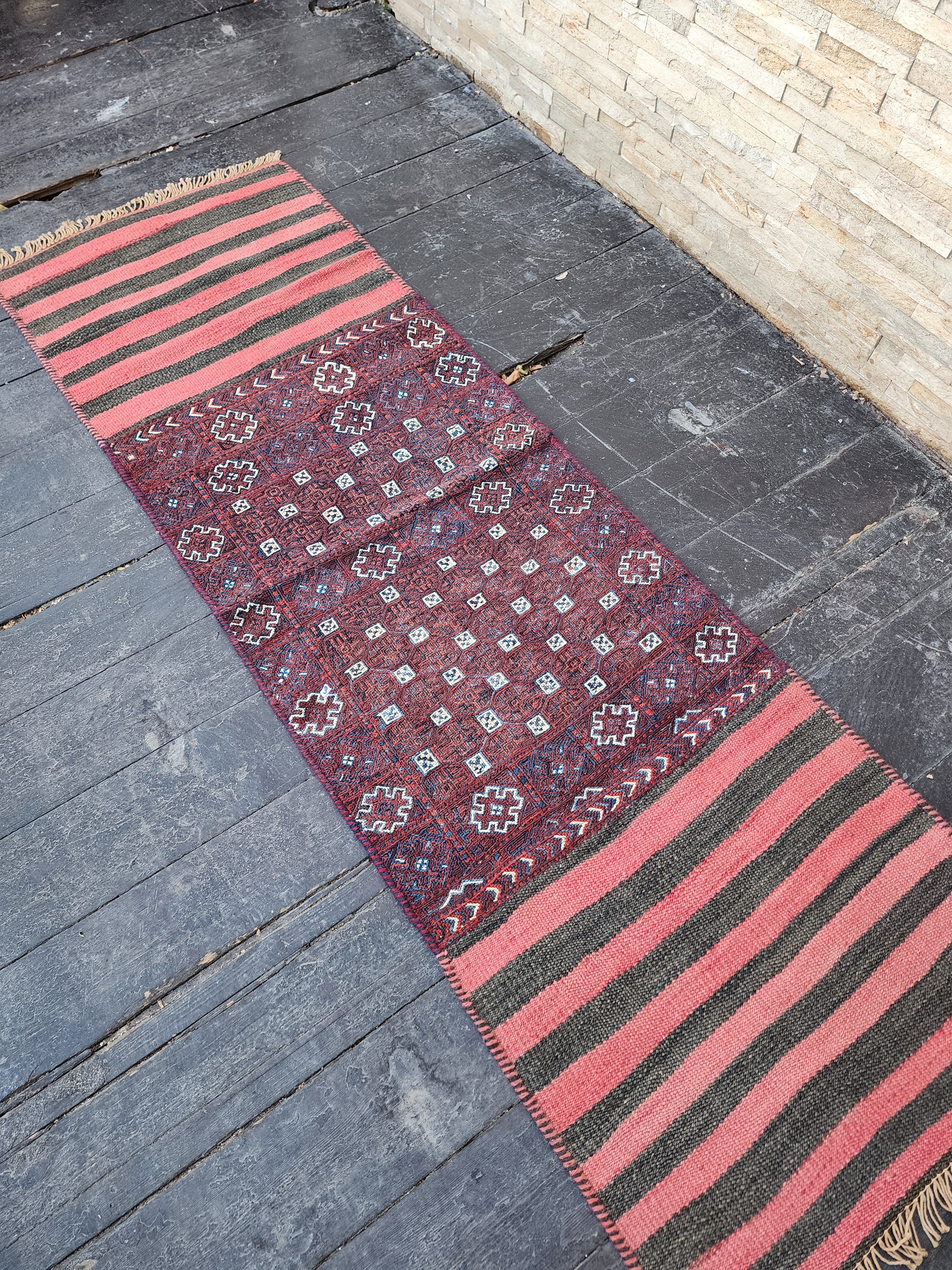Vintage Persian Kilim Runner Rug, 6 ft 2 in x  2 ft, Red, Pink and Blue Vintage Turkish Rug Handmade from Natural Wool