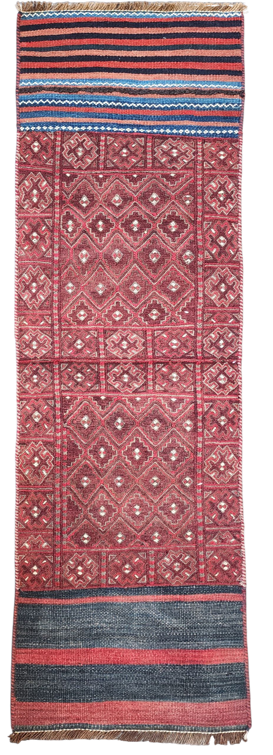 Vintage Persian Kilim Runner Rug, 6 ft 4 in x 1 ft 9 in, Red, Purple and Blue Vintage Turkish Rug Handmade from Natural Wool