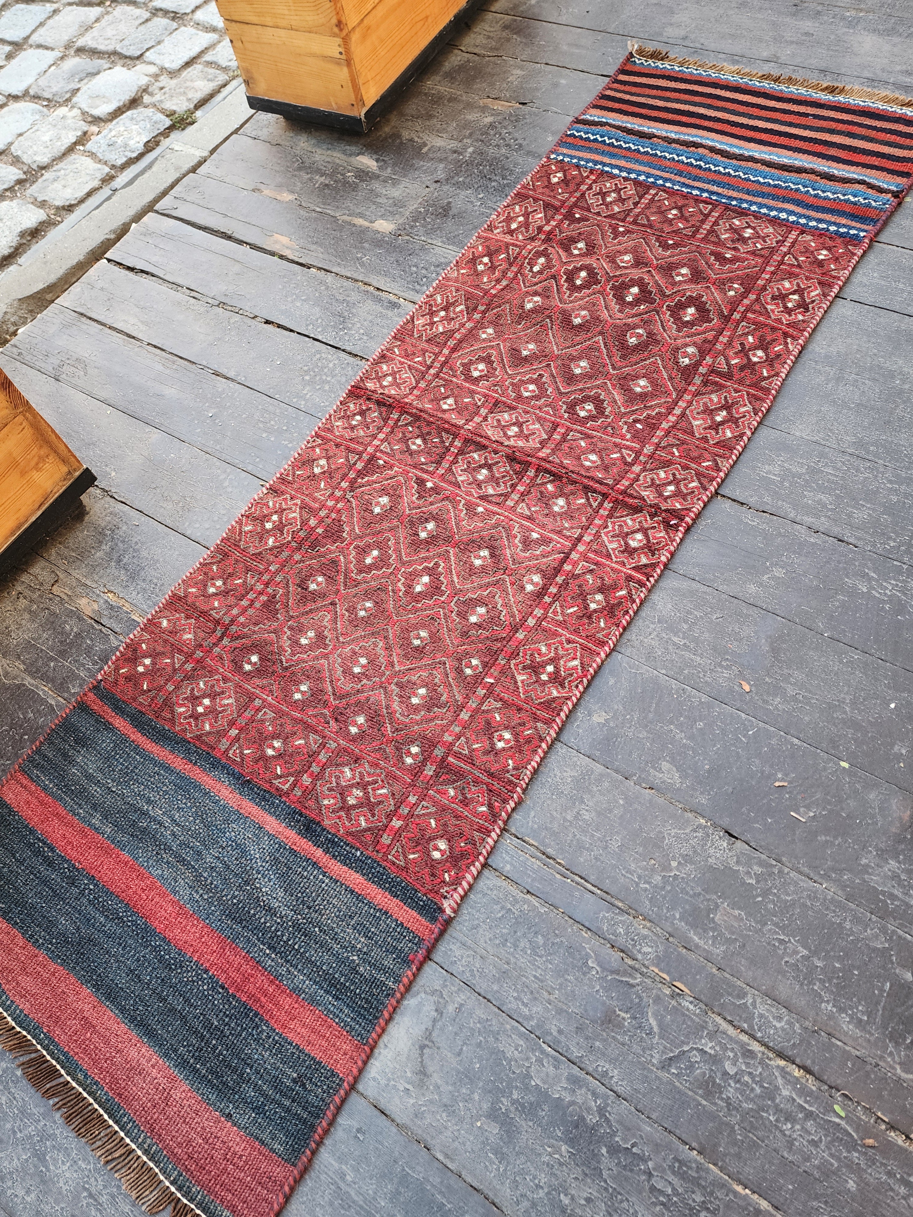 Vintage Persian Kilim Runner Rug, 6 ft 4 in x 1 ft 9 in, Red, Purple and Blue Vintage Turkish Rug Handmade from Natural Wool