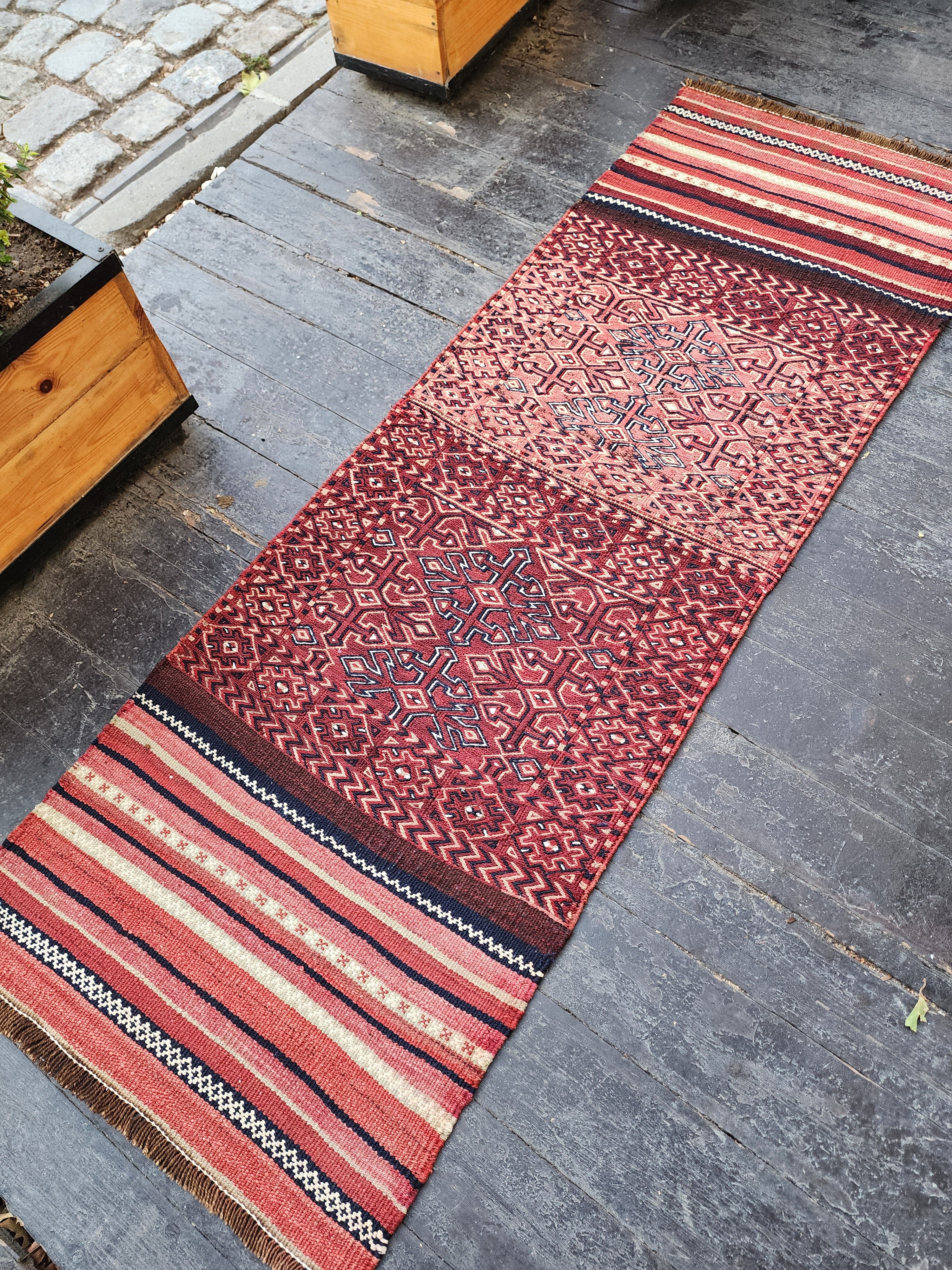 Vintage Persian Kilim Runner Rug, 6 ft 7 in x 2 ft 3 in, Pink, Red, and Off-White Vintage Turkish Rug Handmade from Natural Wool