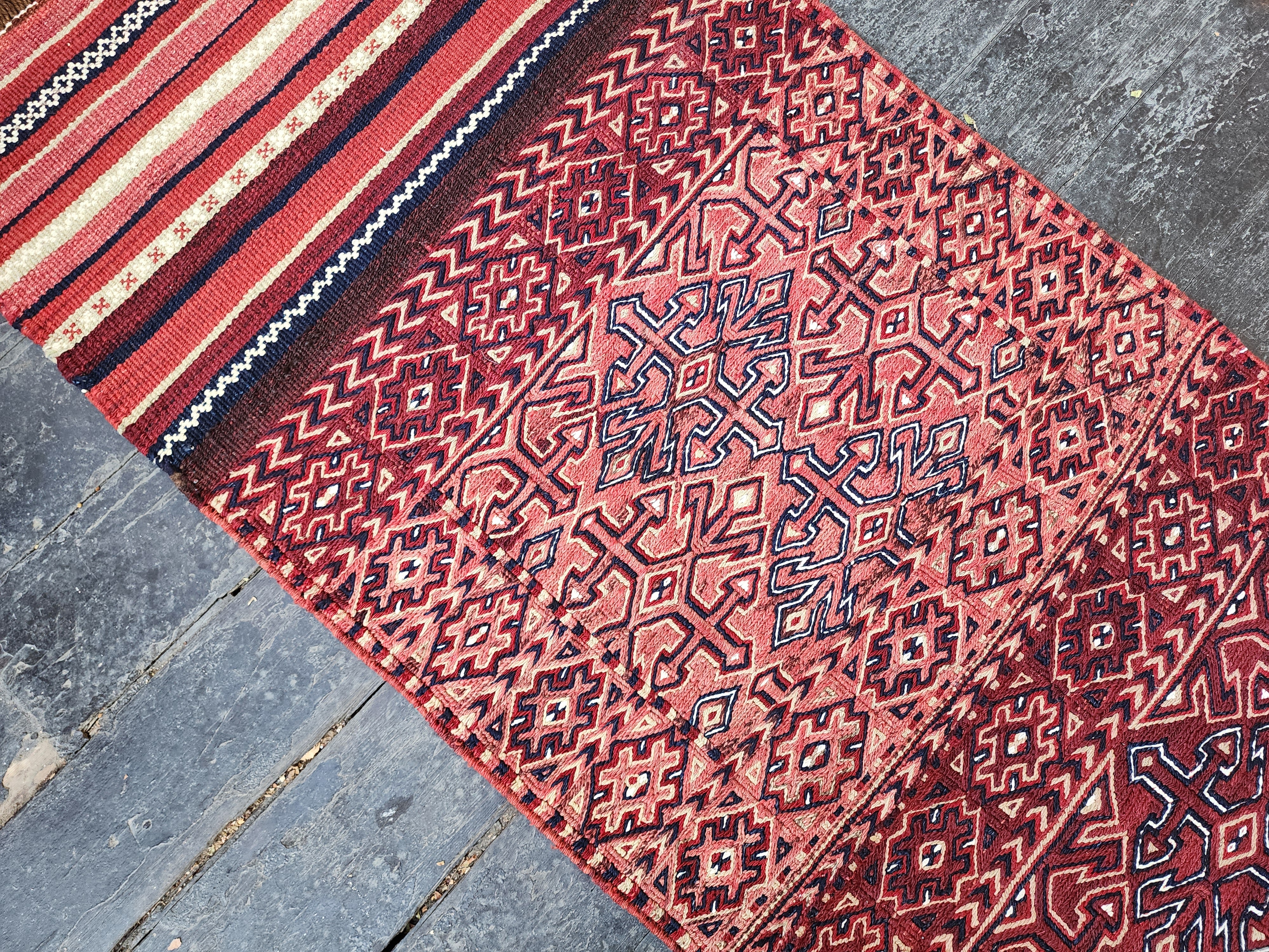 Vintage Persian Kilim Runner Rug, 6 ft 7 in x 2 ft 3 in, Pink, Red, and Off-White Vintage Turkish Rug Handmade from Natural Wool