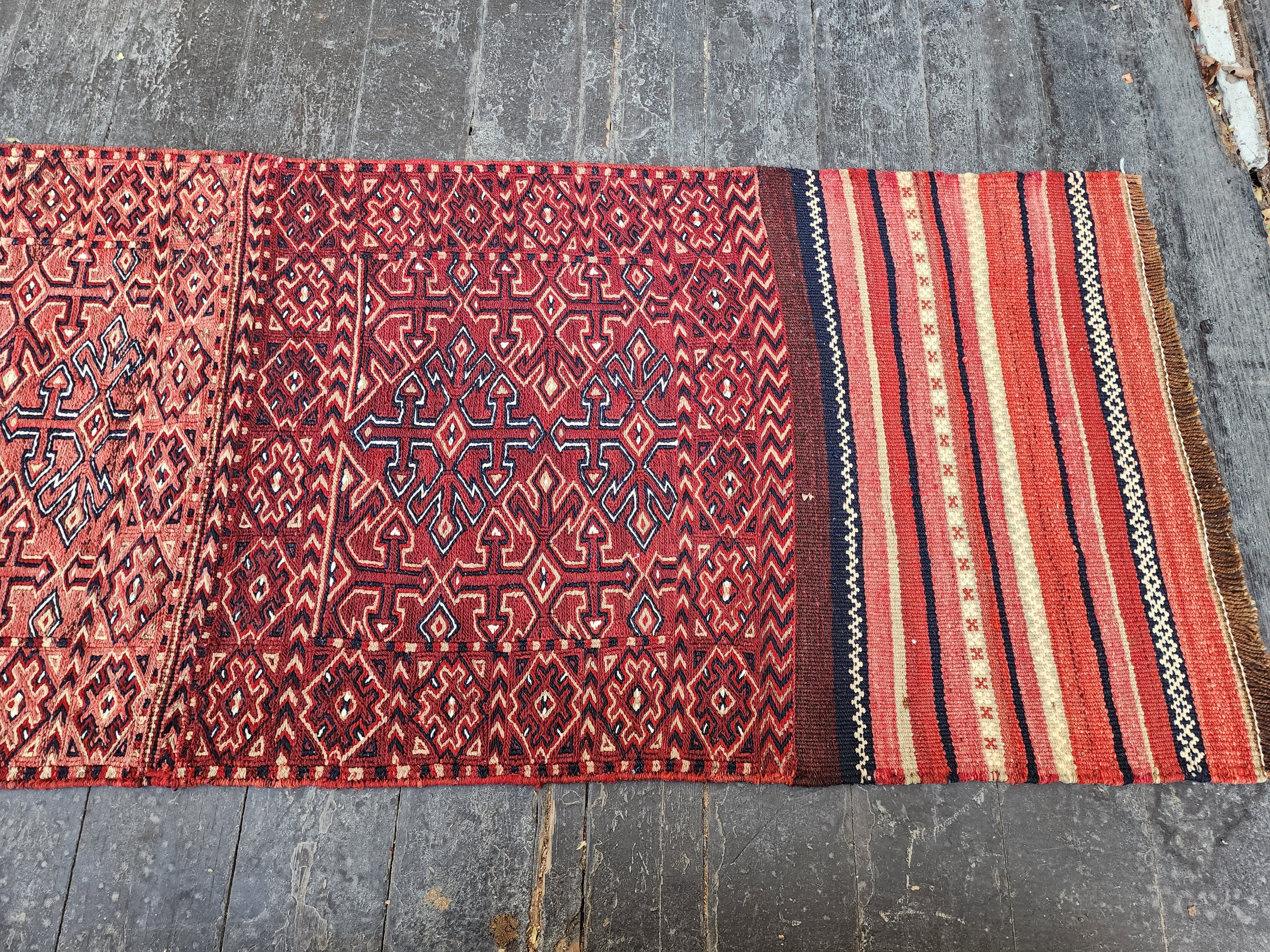 Vintage Persian Kilim Runner Rug, 6 ft 7 in x 2 ft 3 in, Pink, Red, and Off-White Vintage Turkish Rug Handmade from Natural Wool