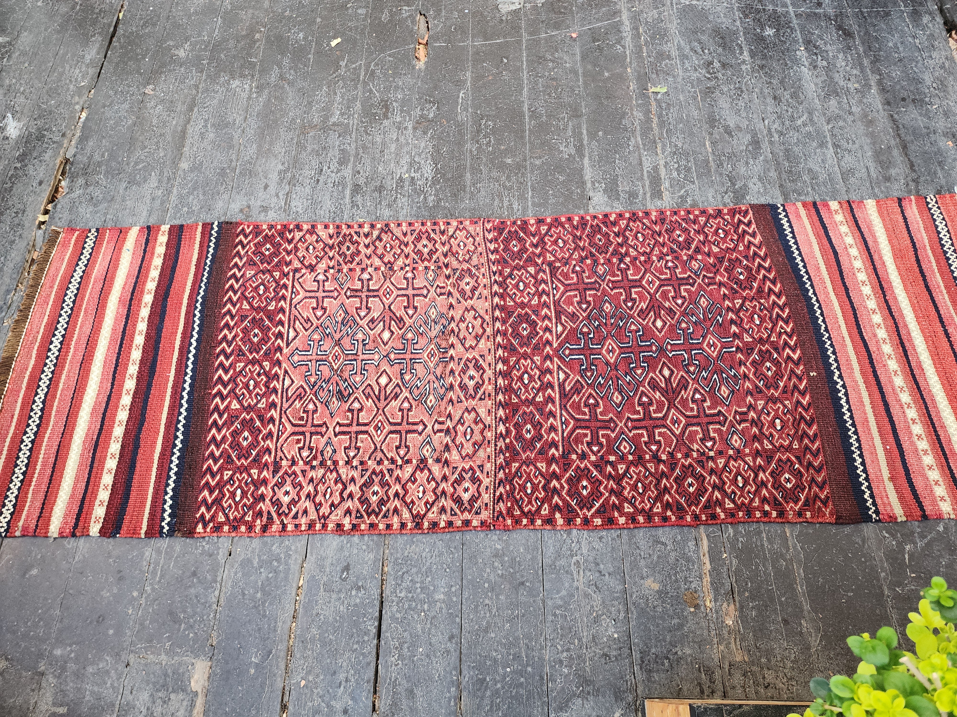 Vintage Persian Kilim Runner Rug, 6 ft 7 in x 2 ft 3 in, Pink, Red, and Off-White Vintage Turkish Rug Handmade from Natural Wool