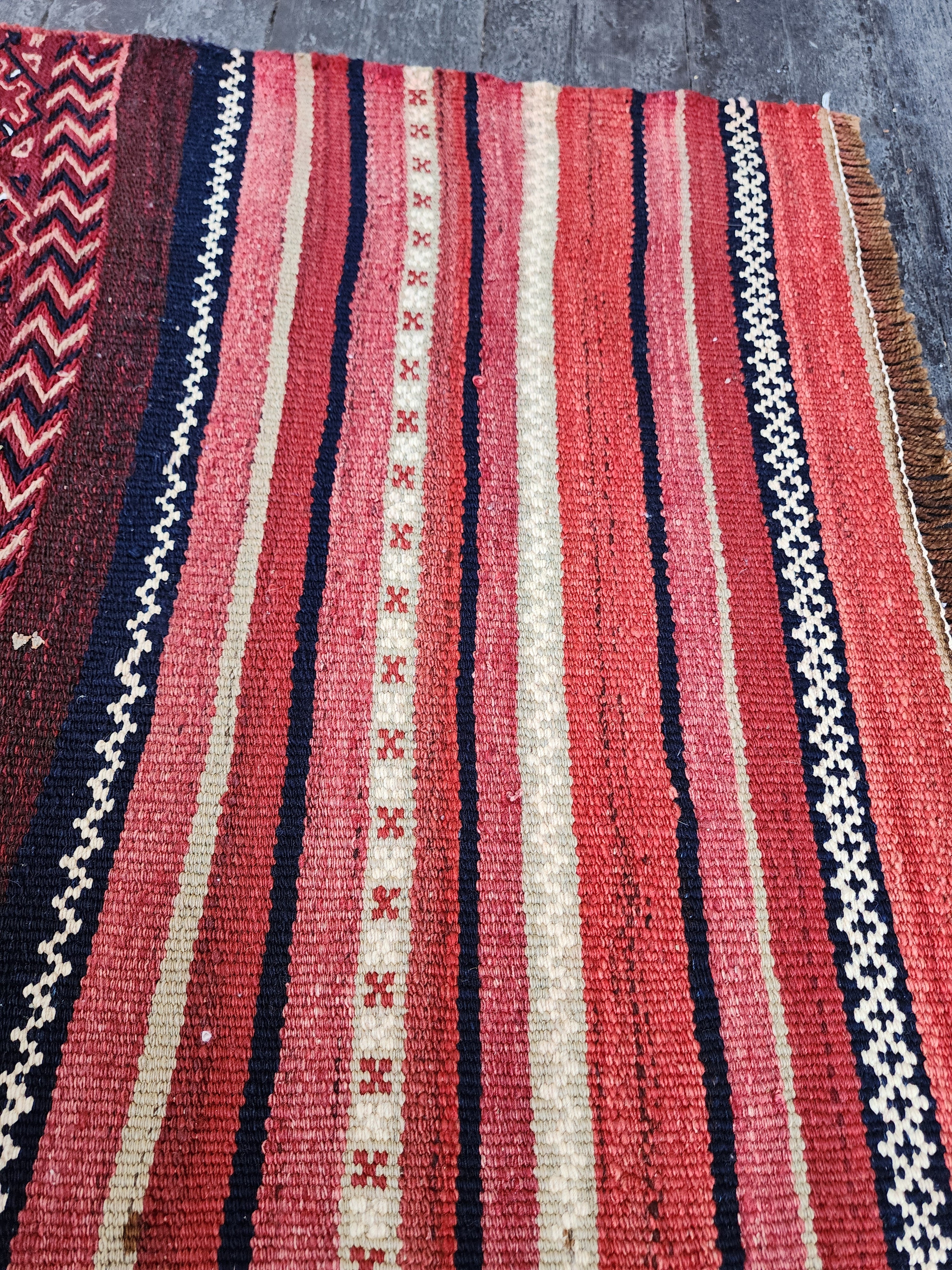 Vintage Persian Kilim Runner Rug, 6 ft 7 in x 2 ft 3 in, Pink, Red, and Off-White Vintage Turkish Rug Handmade from Natural Wool