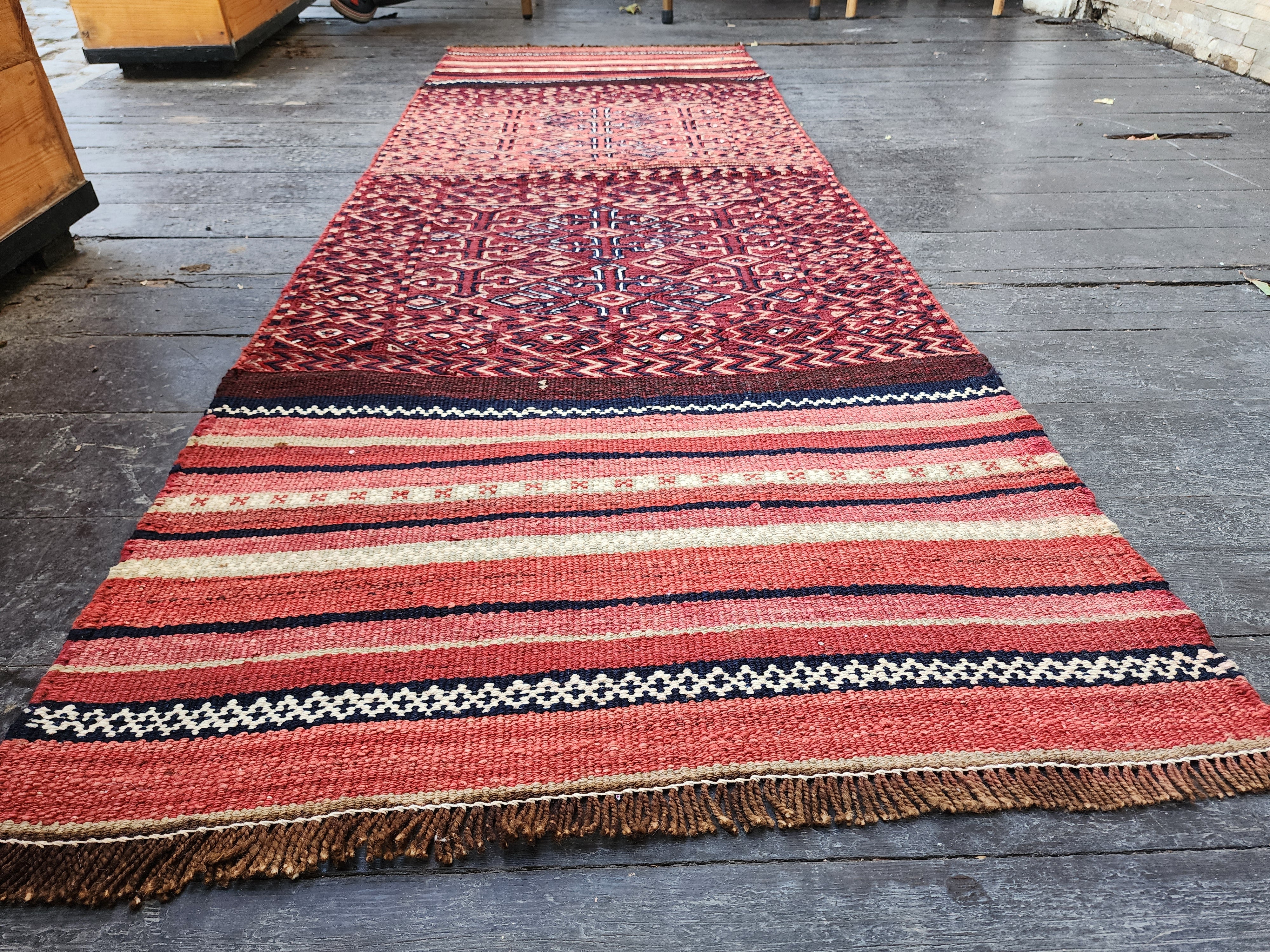 Vintage Persian Kilim Runner Rug, 6 ft 7 in x 2 ft 3 in, Pink, Red, and Off-White Vintage Turkish Rug Handmade from Natural Wool