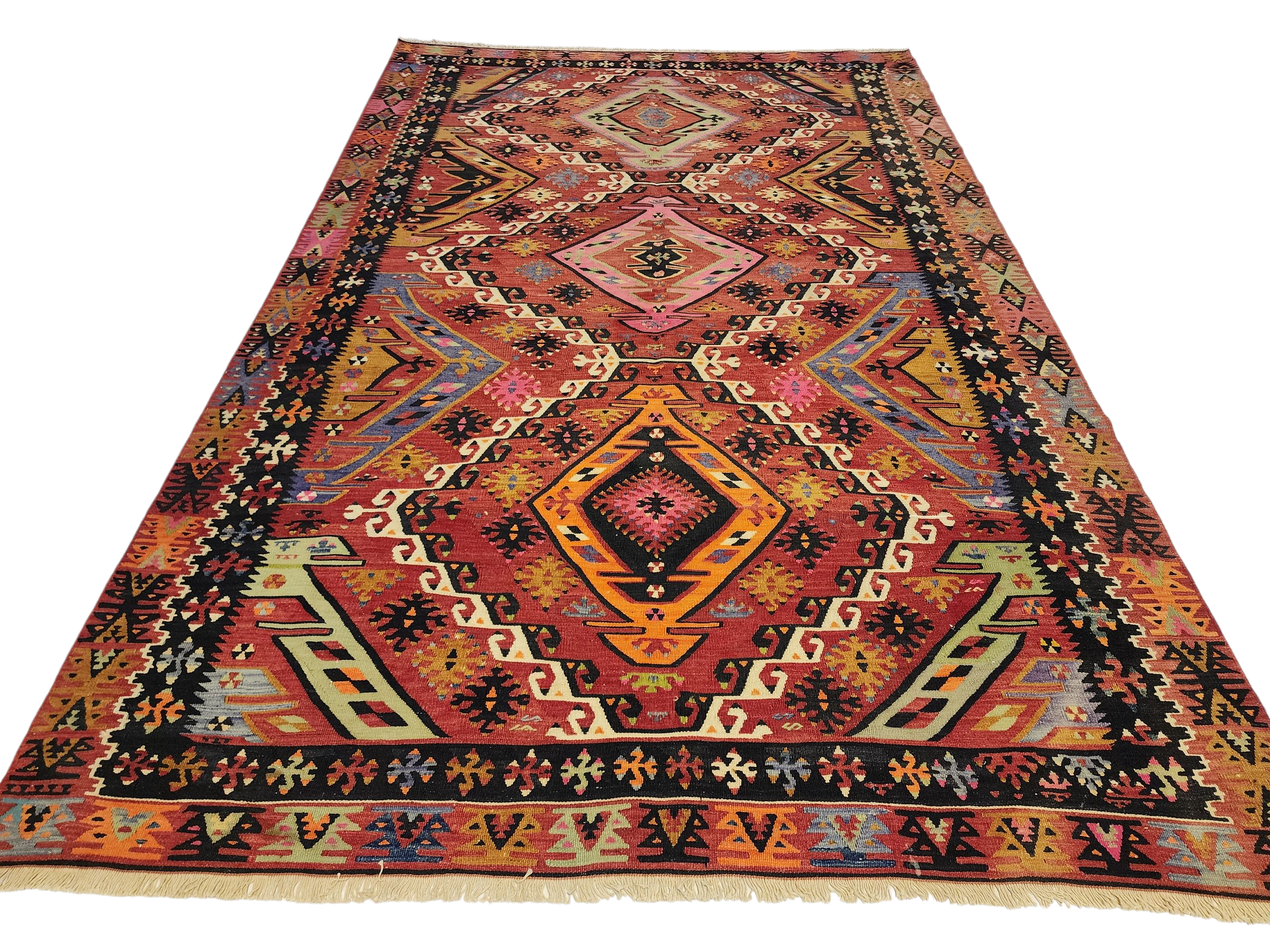Handmade Turkish Kilim Rug: Vintage Wool Anatolian Boho Decor (9 ft x 5 ft 9 in)