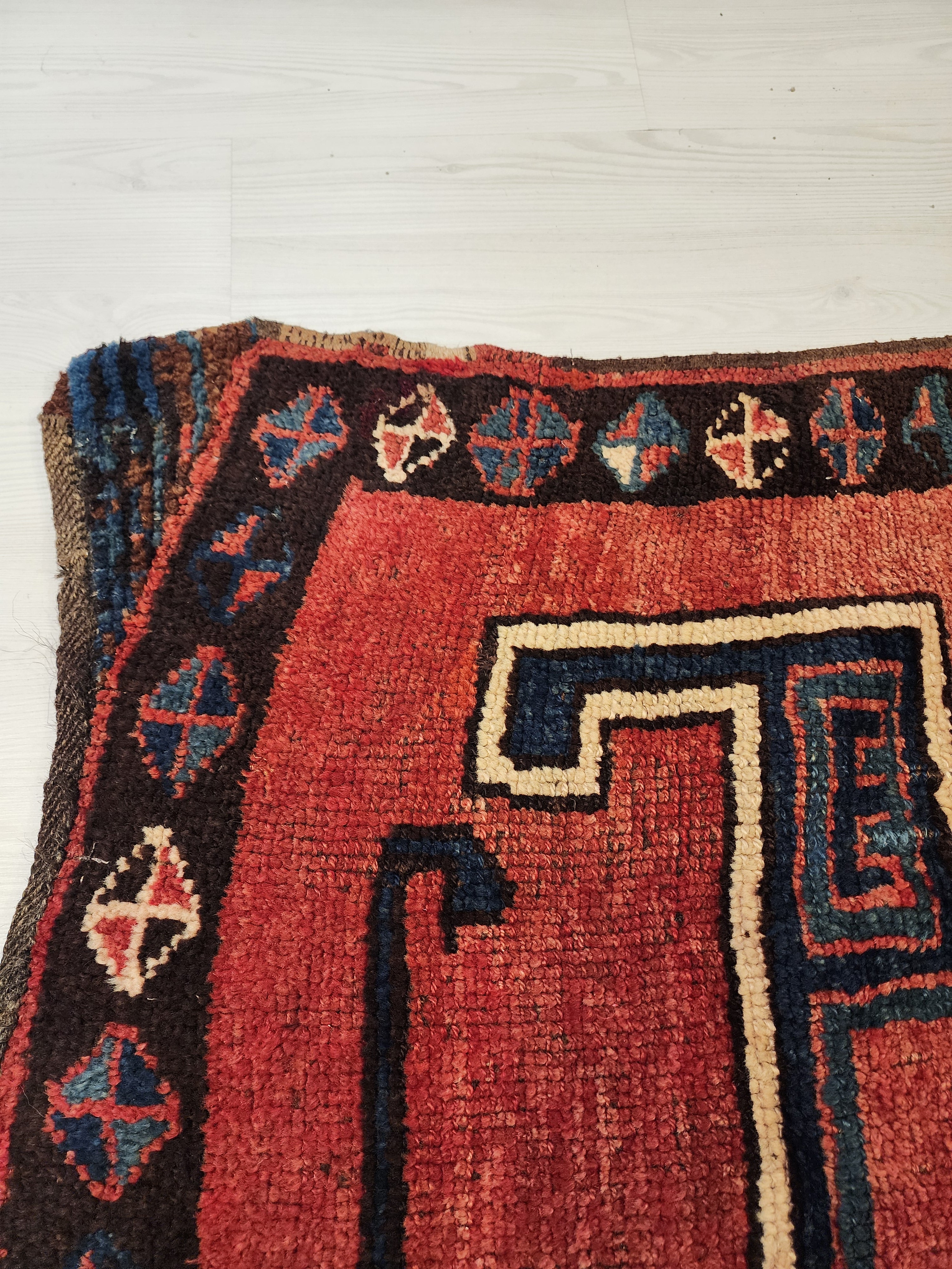 Wide Hallway Turkish Herki Rug 11 x 4 ft Red Blue Boho Rustic Persian Corridor Floor Rug, Vintage Natural Wool Passage Lounge Kitchen Rug