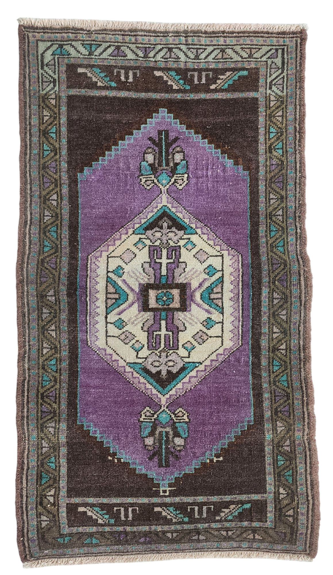Tapis turc vintage de petite taille, 90 cm x 40 cm, rose, vert/gris et beige, style antique délavé