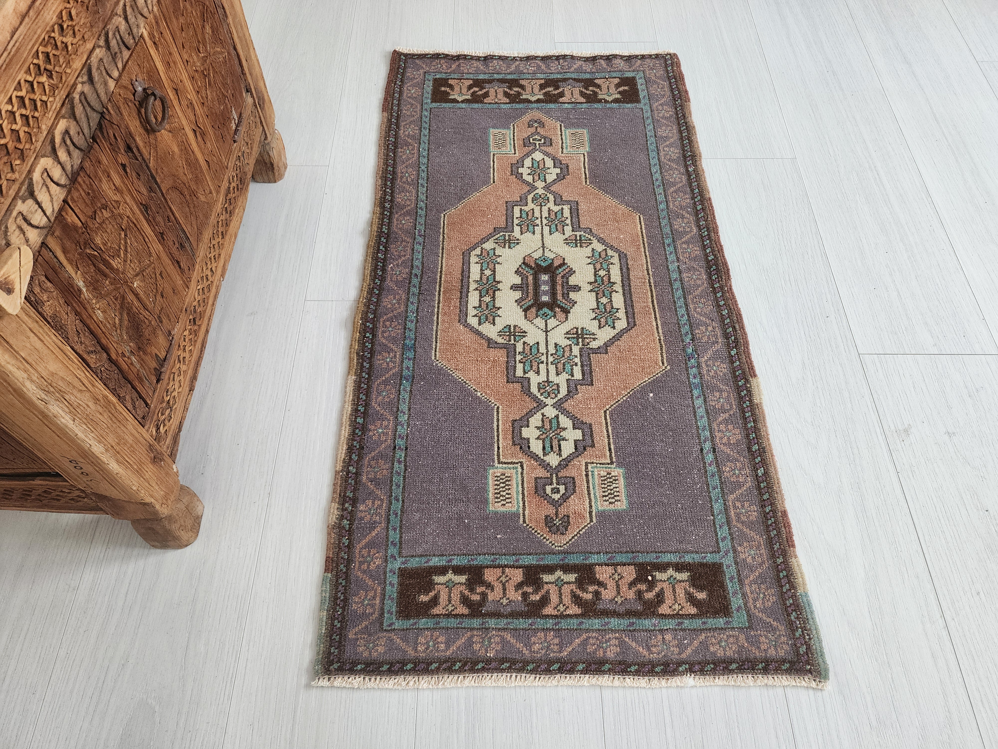 Small Turkish Rug 3 ft 5 in x 1 ft 8in, Distressed Faded Vintage Oushak Mat