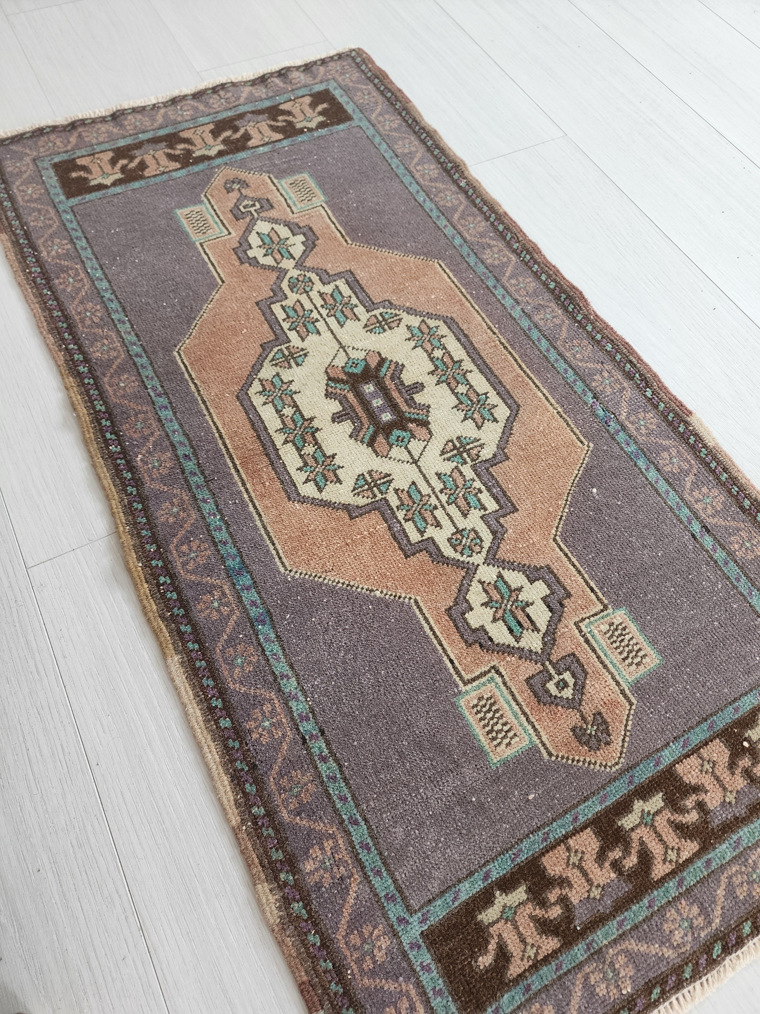 Small Turkish Rug 3 ft 5 in x 1 ft 8in, Distressed Faded Vintage Oushak Mat