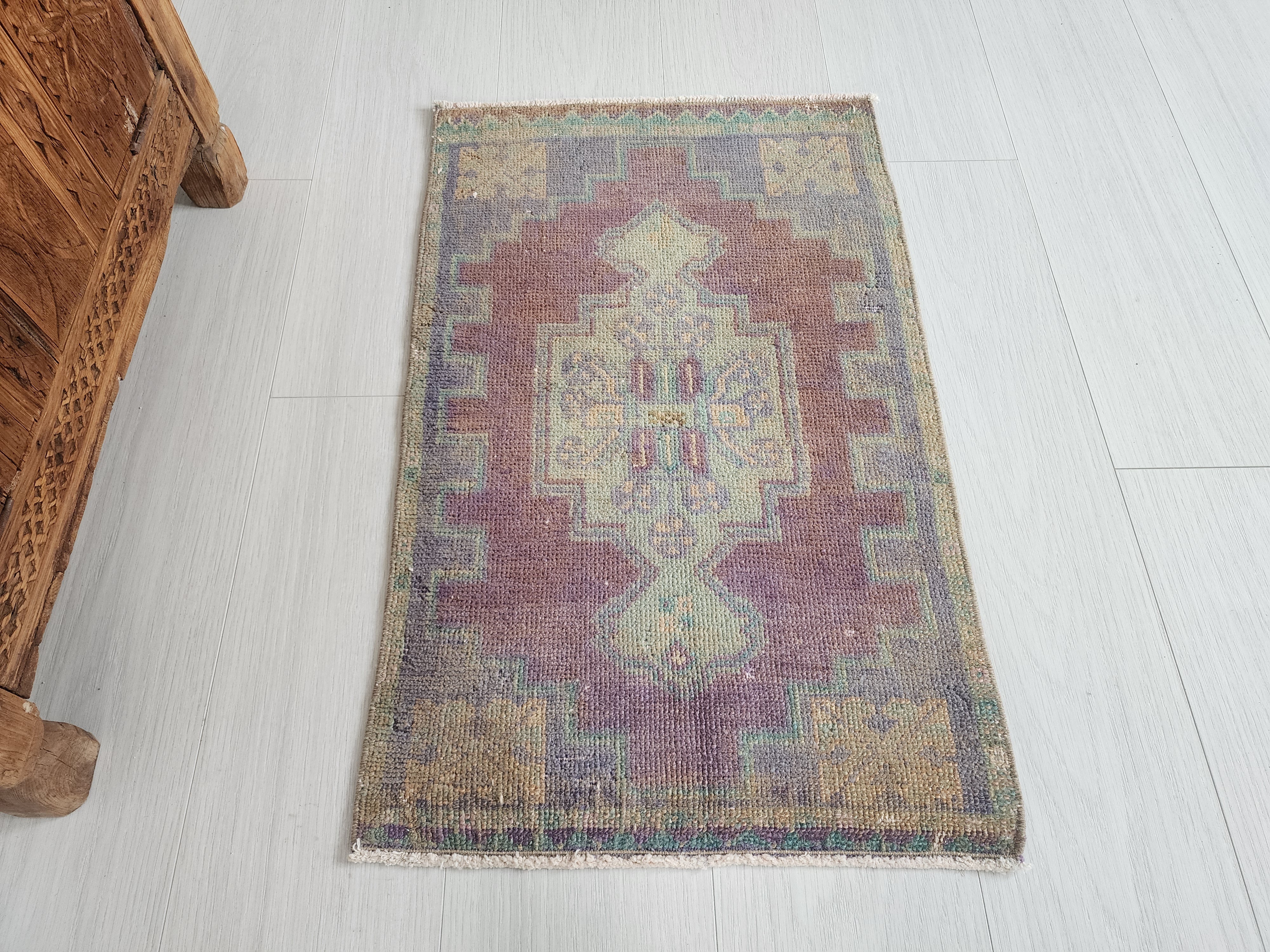 Vintage Turkish Rug with Muted Jewel Tones & Geometric Design, 2'6''x1'6''