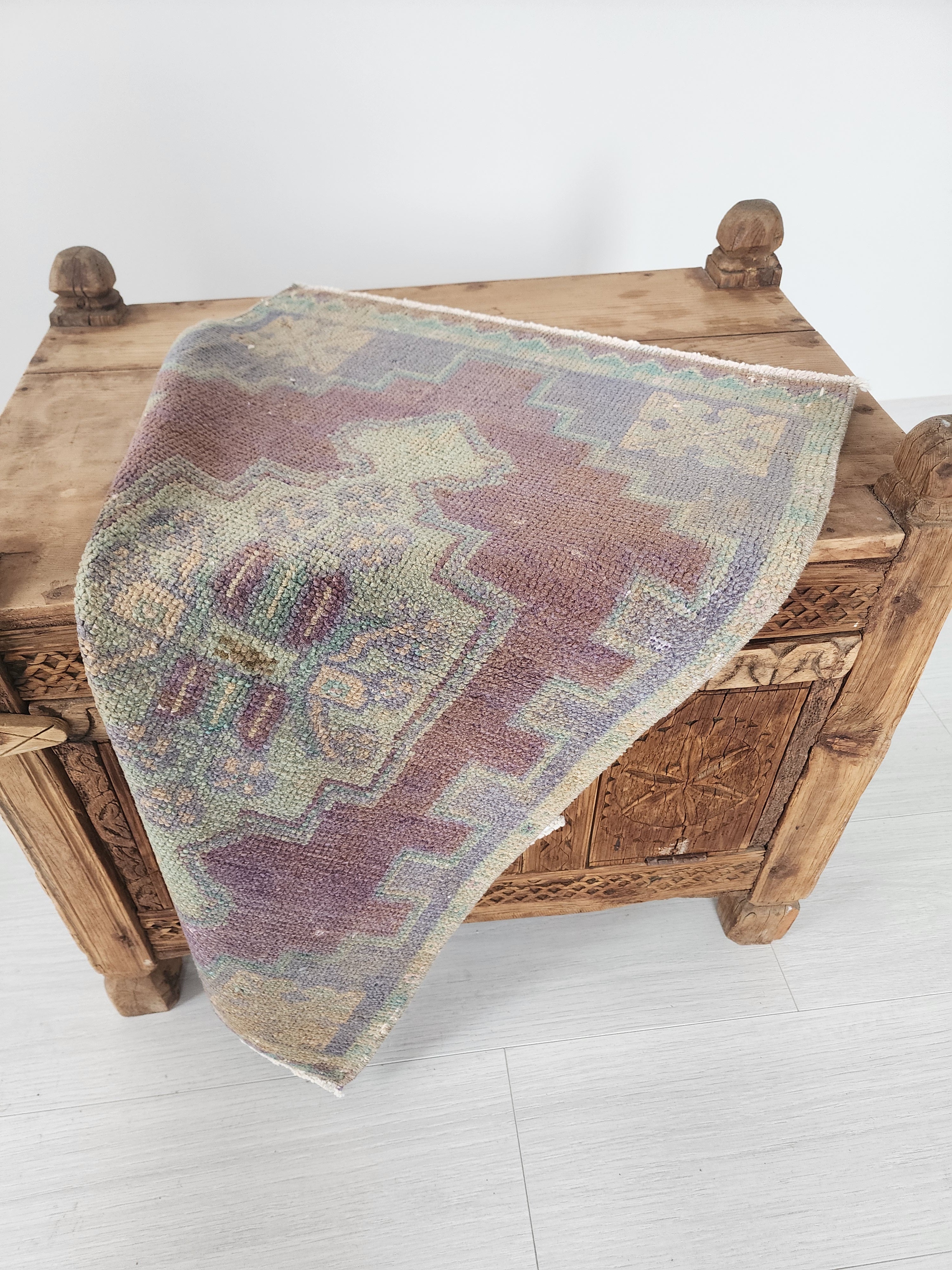 Vintage Turkish Rug with Muted Jewel Tones & Geometric Design, 2'6''x1'6''