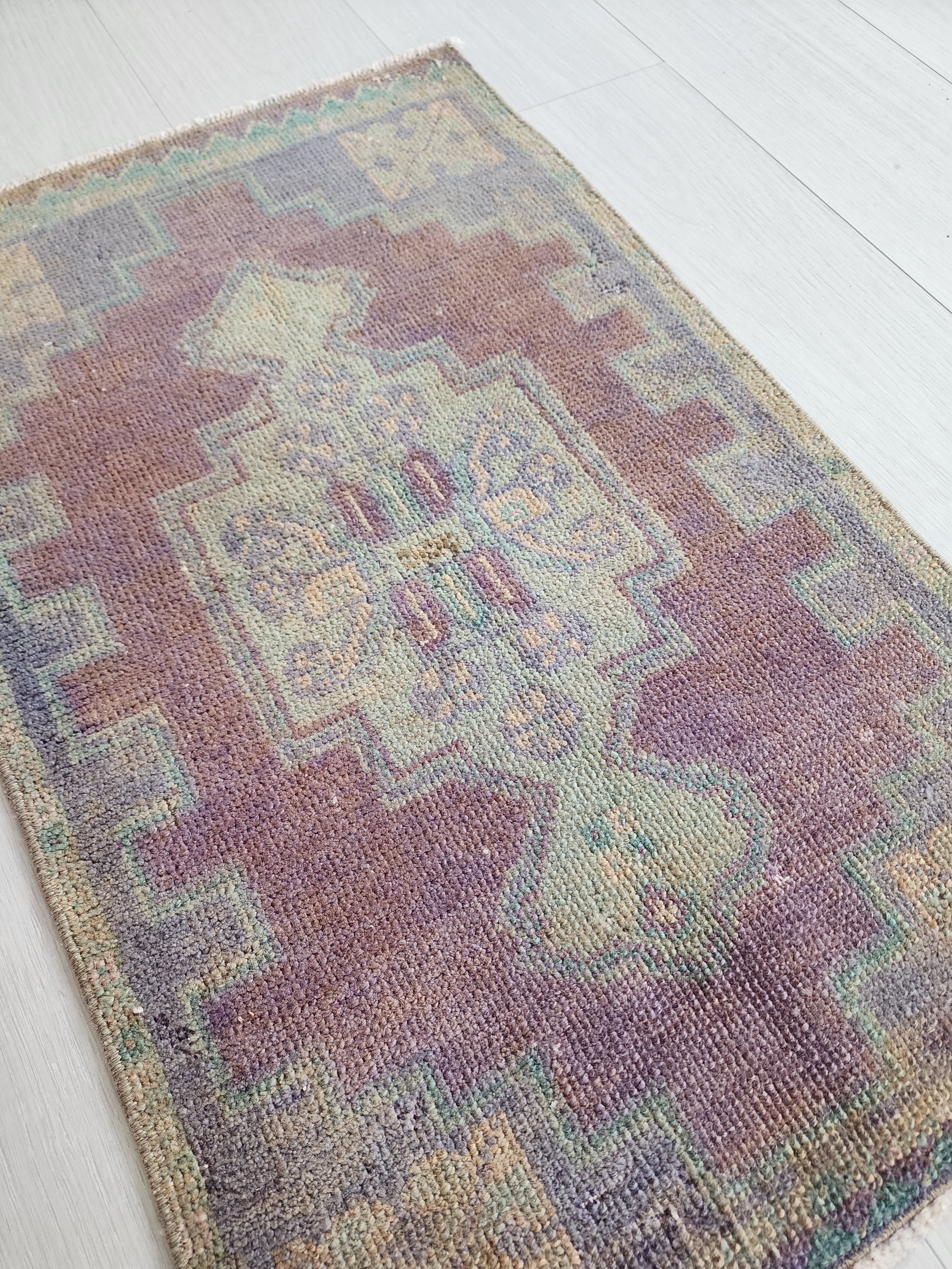 Vintage Turkish Rug with Muted Jewel Tones & Geometric Design, 2'6''x1'6''