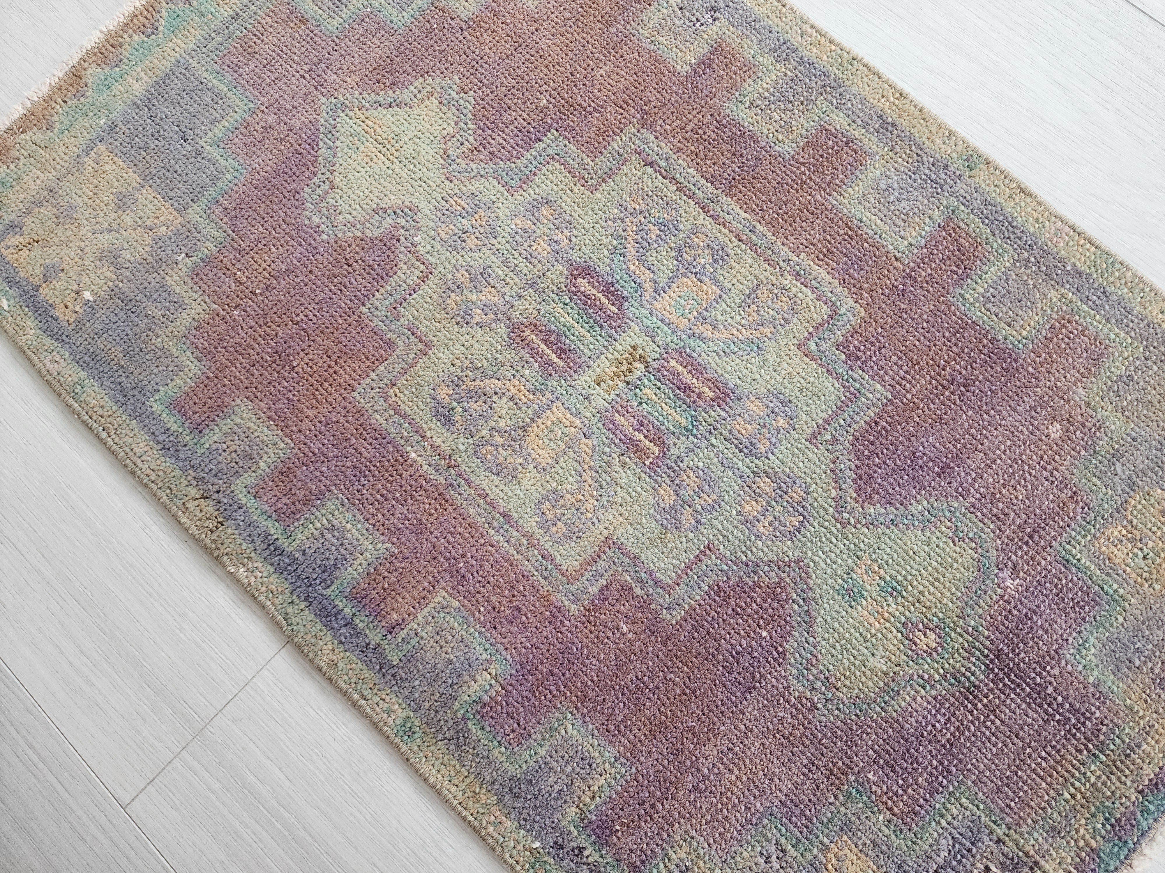 Vintage Turkish Rug with Muted Jewel Tones & Geometric Design, 2'6''x1'6''