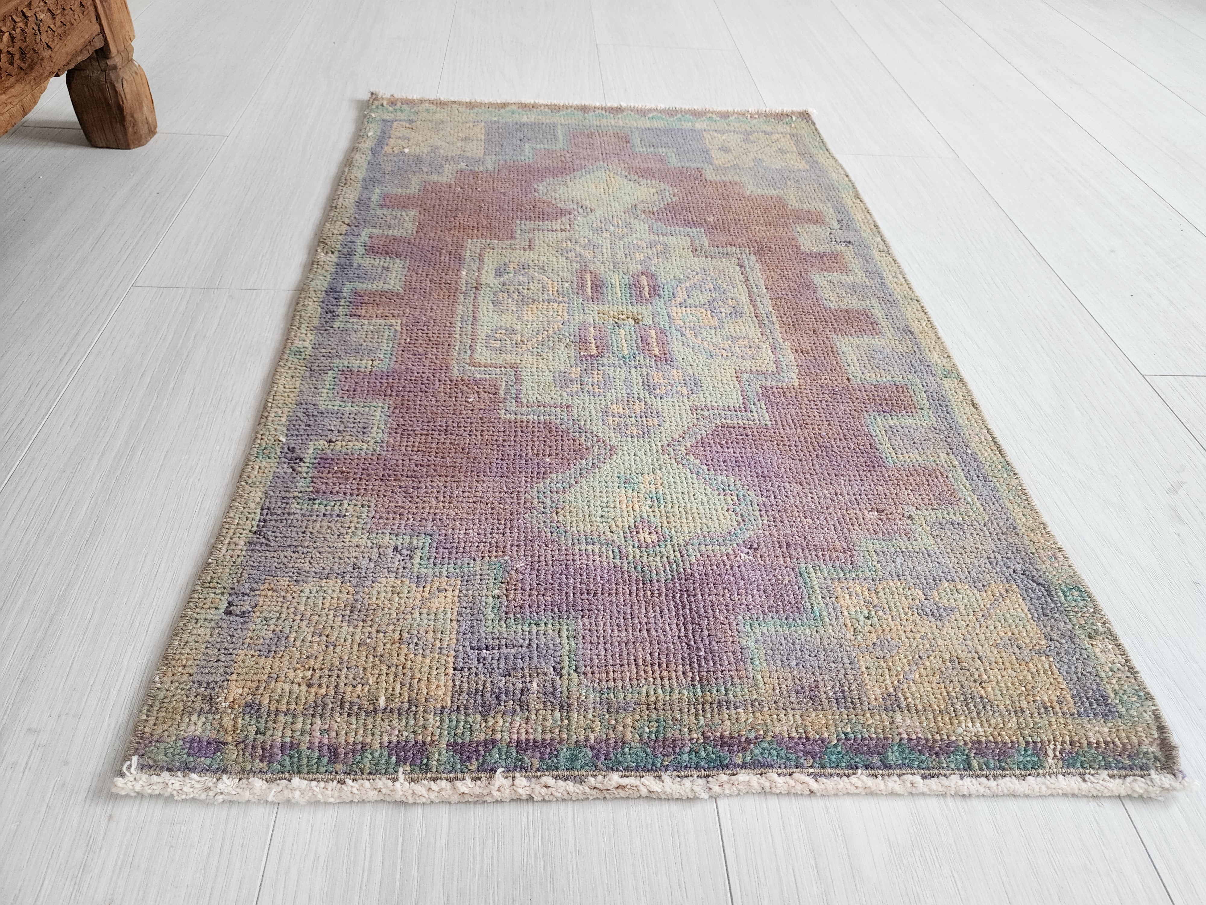 Vintage Turkish Rug with Muted Jewel Tones & Geometric Design, 2'6''x1'6''