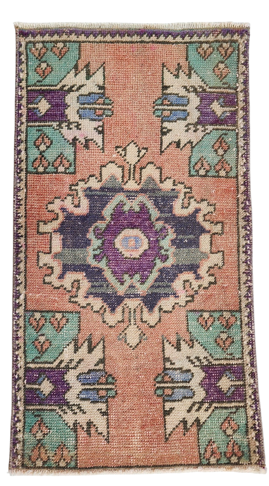 Alfombra turca pequeña, 2 pies 9 pulgadas x 1 pie 5 pulgadas, alfombra vintage rosa gris/verde para entrada o mesita de noche