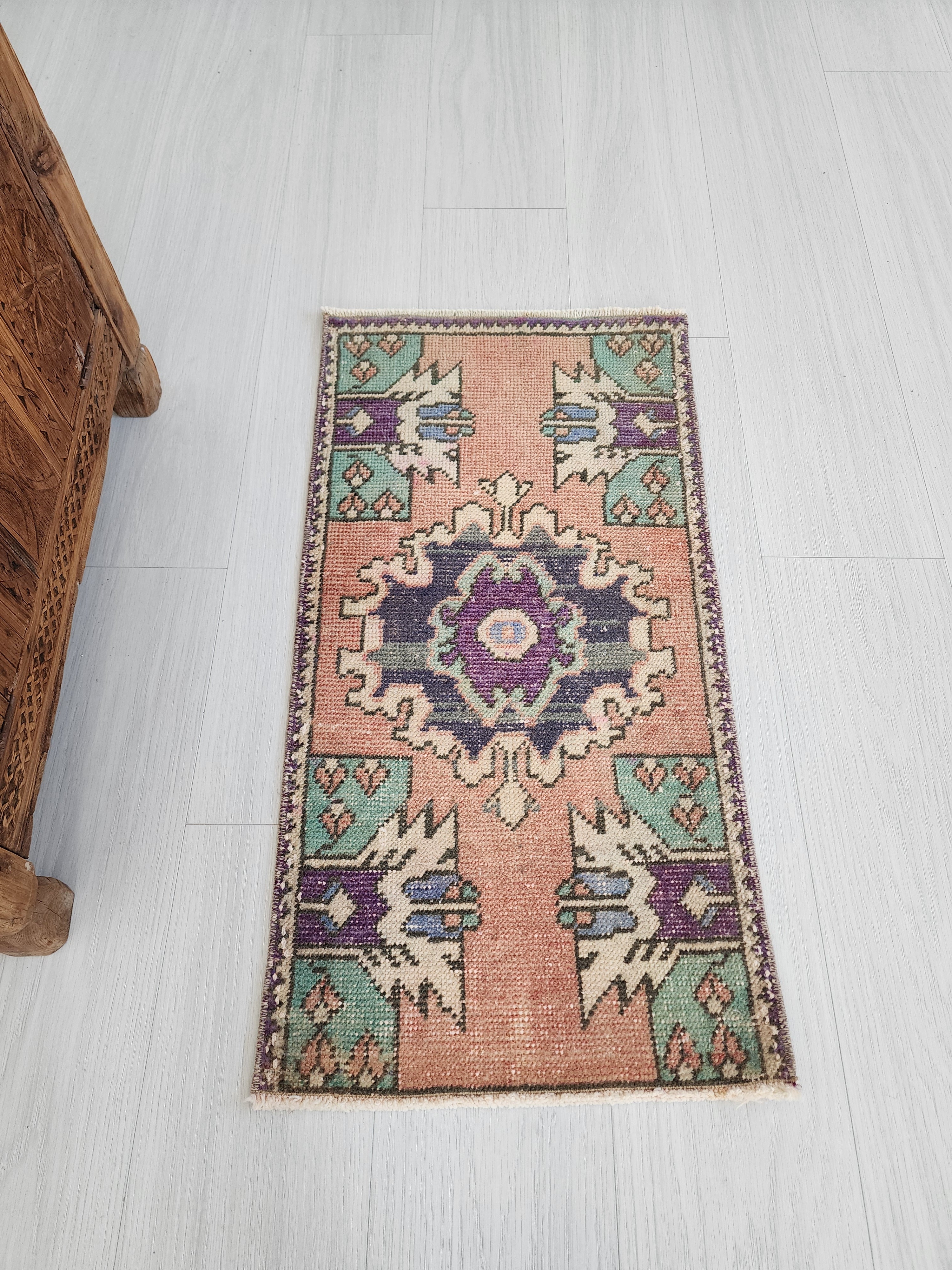 Small Turkish Rug, , Pink Grey/Green Vintage Doormat Entry or Bedside Rug