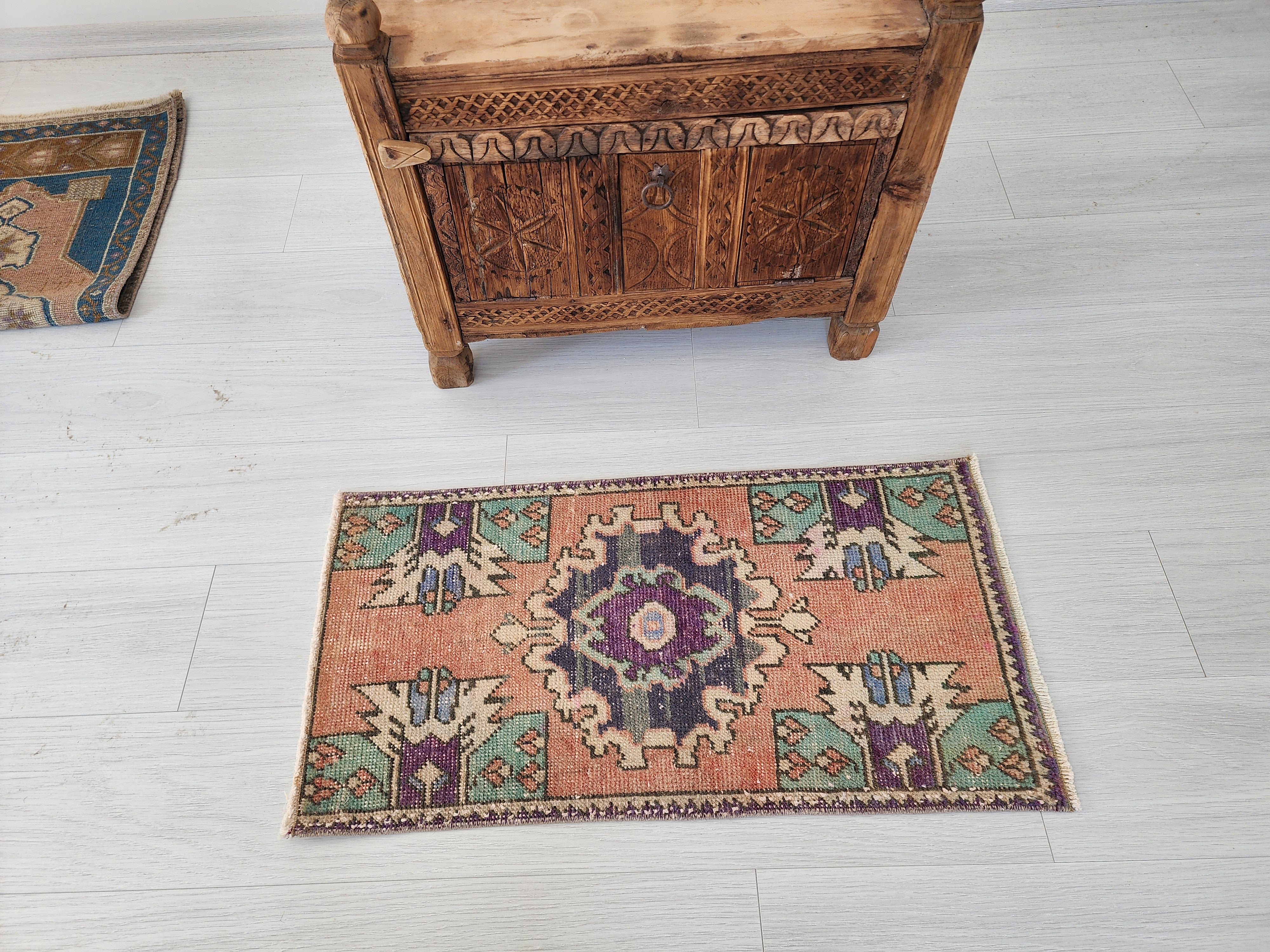 Small Turkish Rug, , Pink Grey/Green Vintage Doormat Entry or Bedside Rug