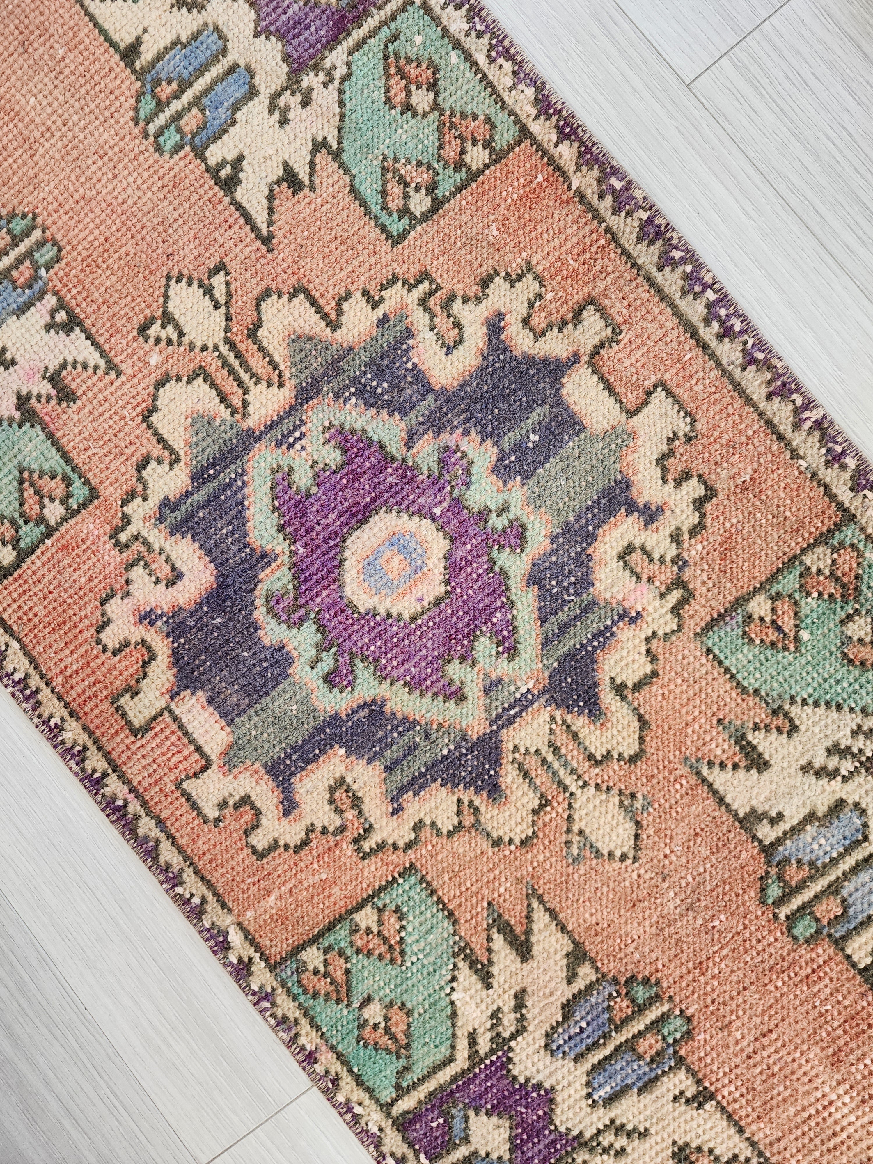 Small Turkish Rug, , Pink Grey/Green Vintage Doormat Entry or Bedside Rug