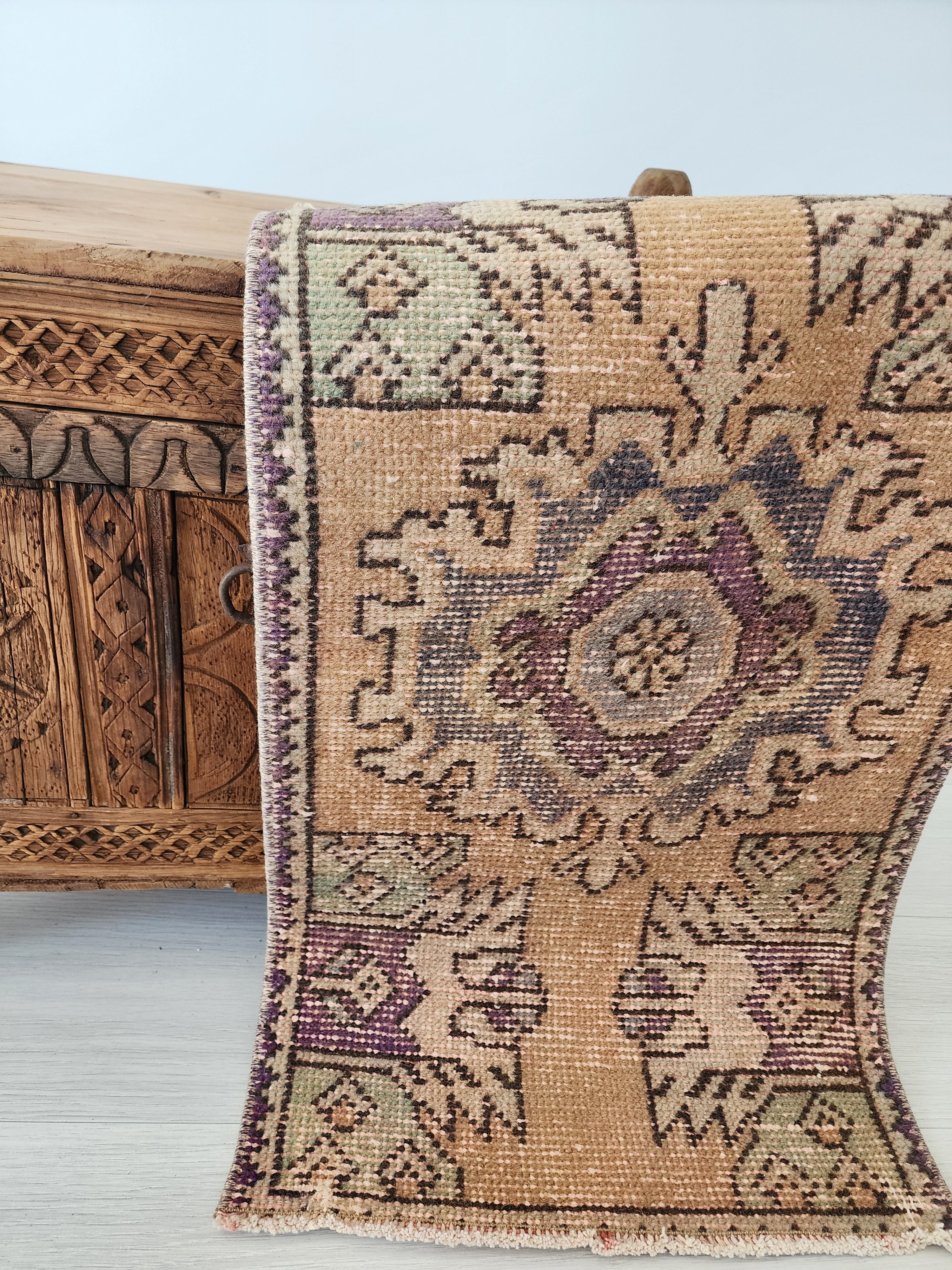 Small Turkish Rug, 2 ft 9 in x 1 ft 5 in Distressed Faded Vintage Mat