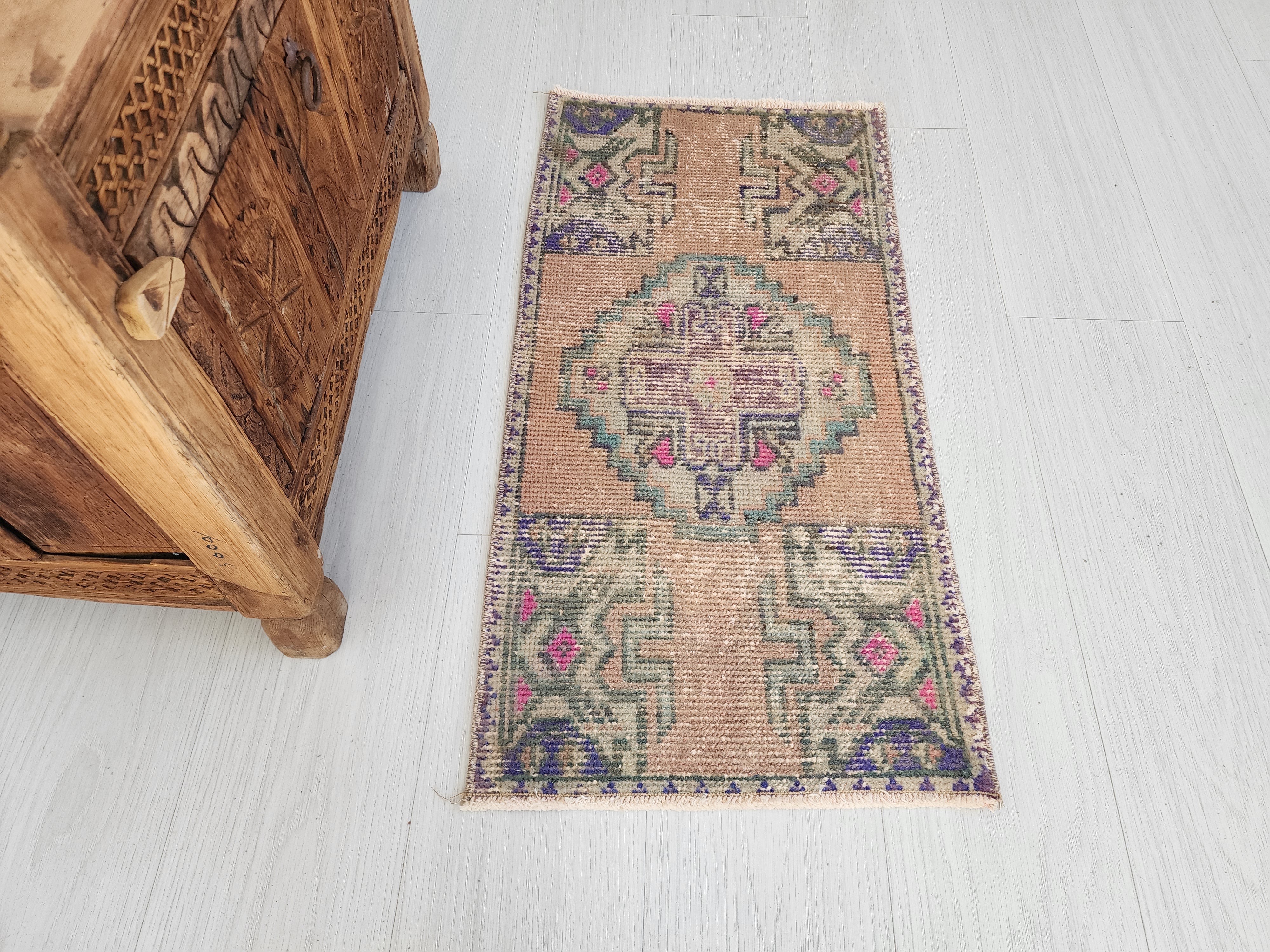 Vintage Turkish Small Rug, 2 ft 9 in x 1 ft 5 in, Pink, Green/Grey and Beige Faded Distressed Antique Style Mat