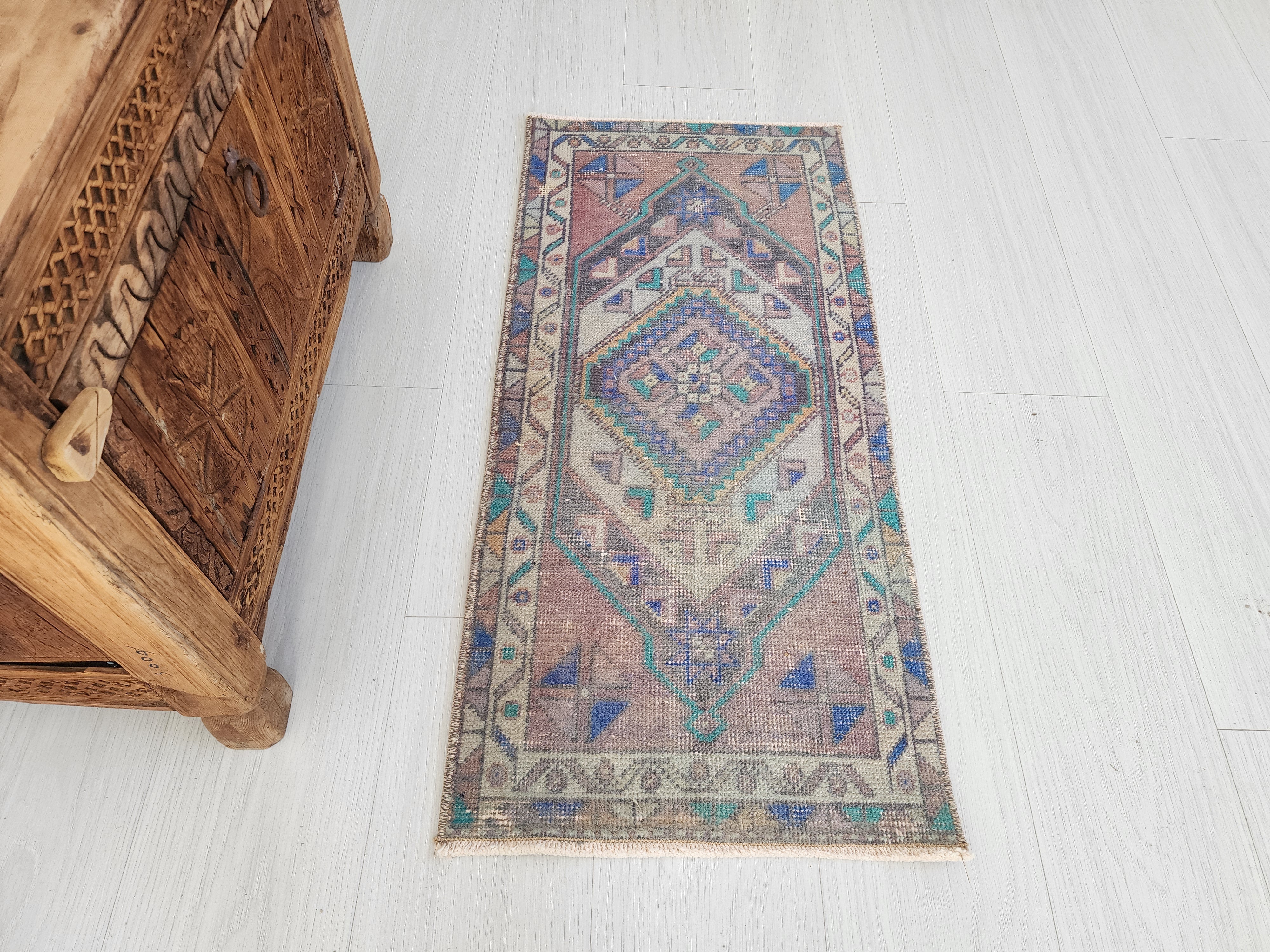 Vintage Turkish Small Rug, 3 ft 2 in x 1 ft 5 in, Pink, Green/Grey and Beige Faded Distressed Antique Style Mat