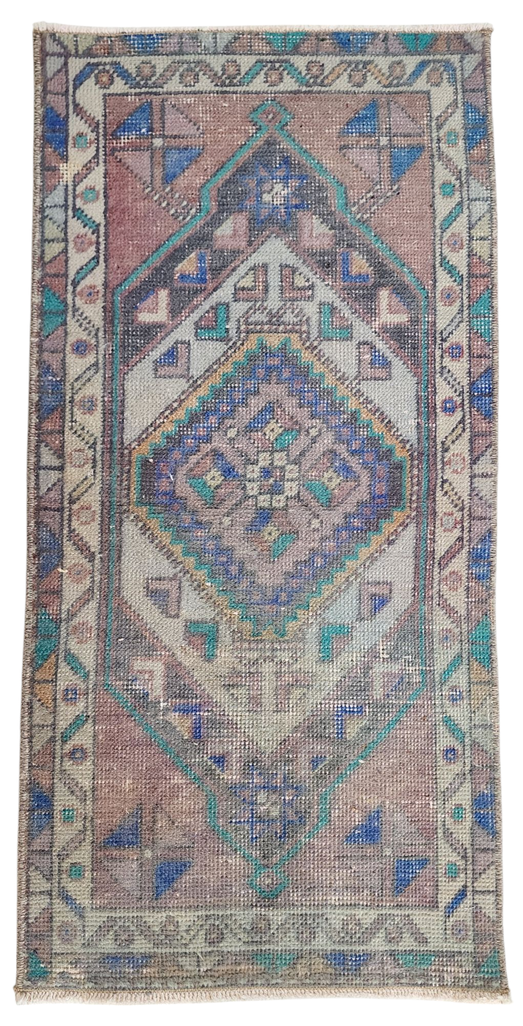 Vintage Turkish Small Rug, 3 ft 2 in x 1 ft 5 in, Pink, Green/Grey and Beige Faded Distressed Antique Style Mat