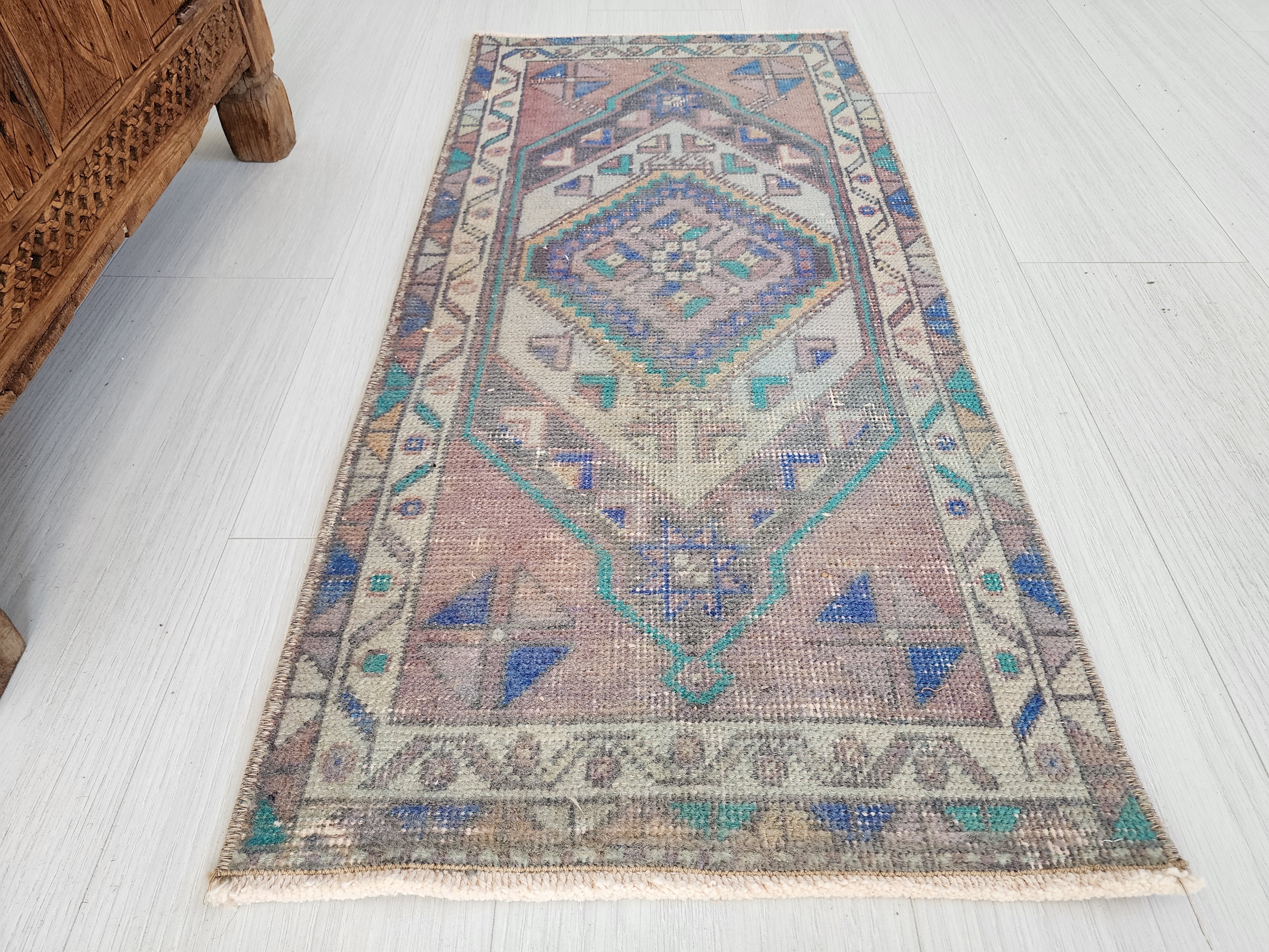 Vintage Turkish Small Rug, 3 ft 2 in x 1 ft 5 in, Pink, Green/Grey and Beige Faded Distressed Antique Style Mat