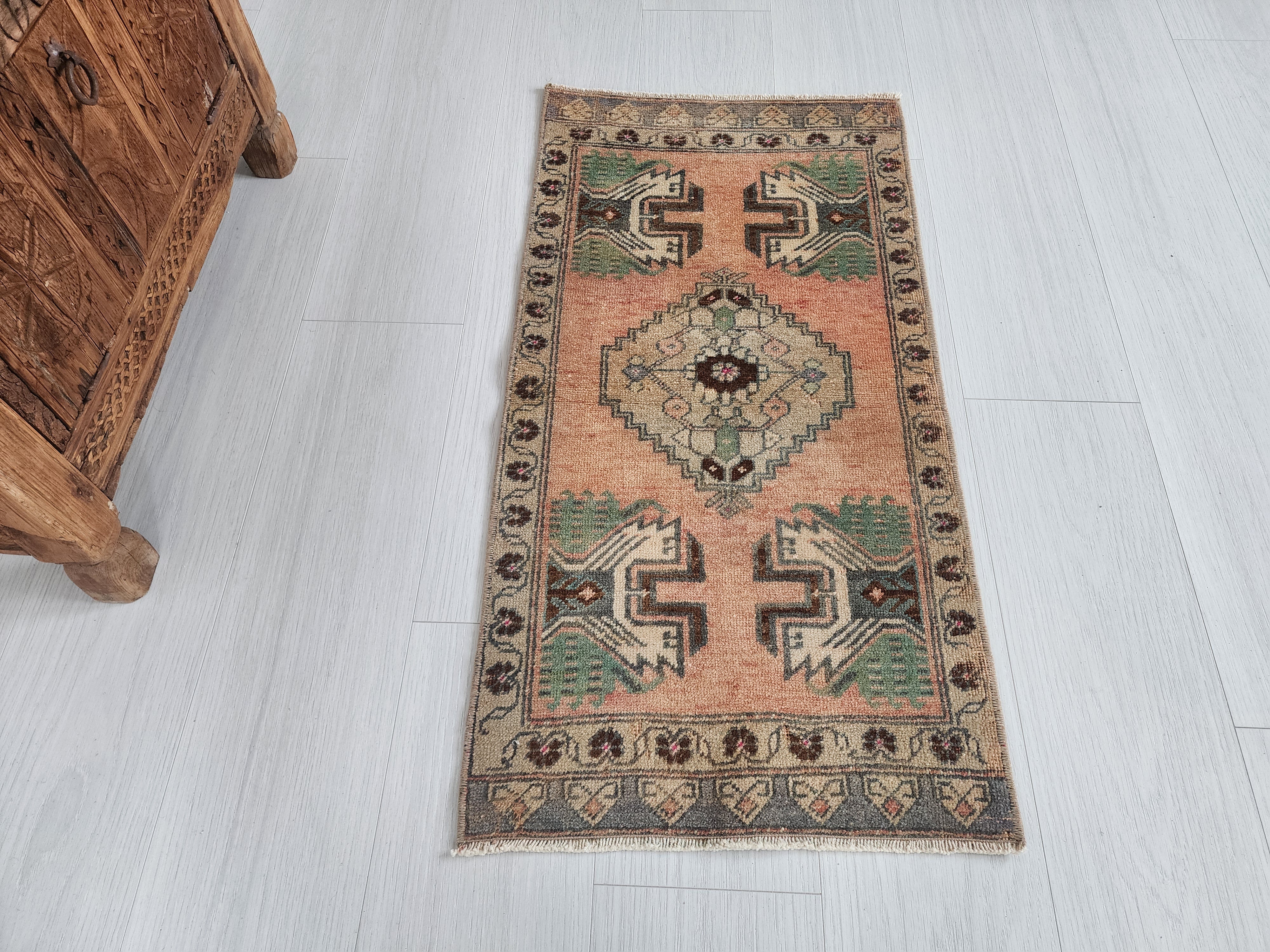 Antique Anatolian Rug with Geometric Motifs and Faded Charm, 3'2''x1'6''